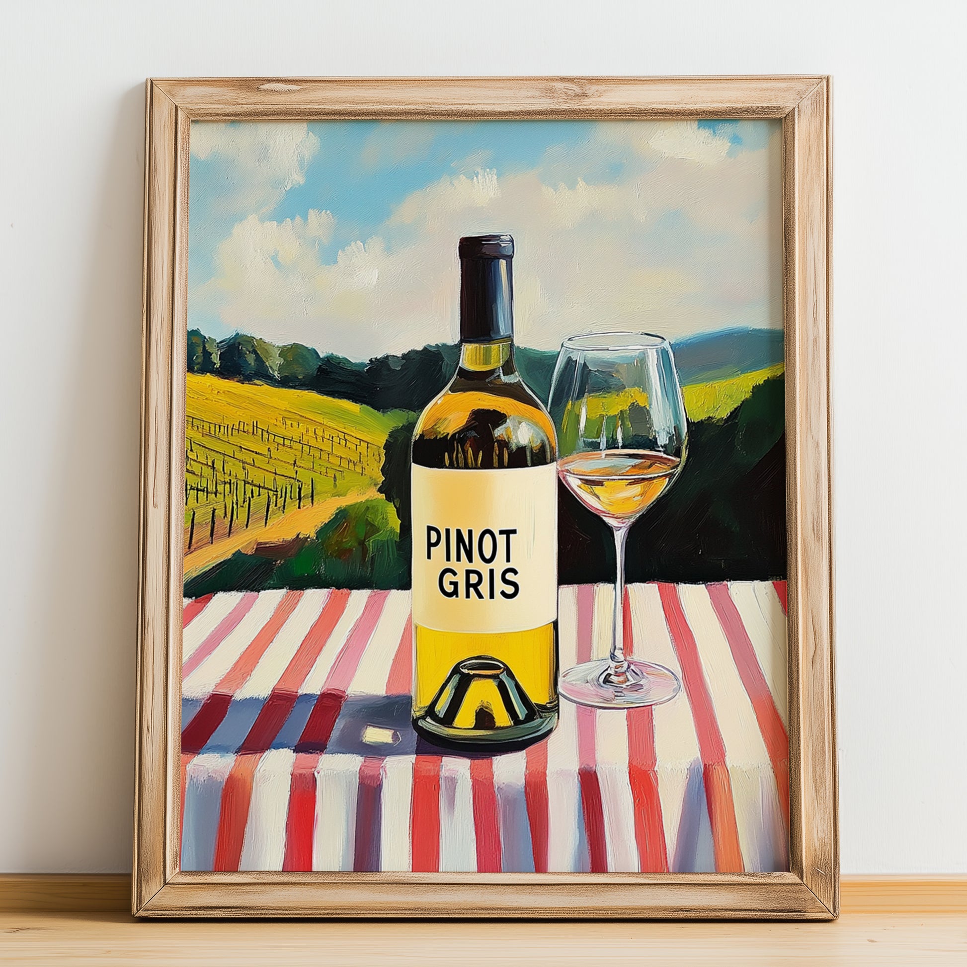 Pinot Gris – French White Wine, Bodega Poster, no-text version framed in wood