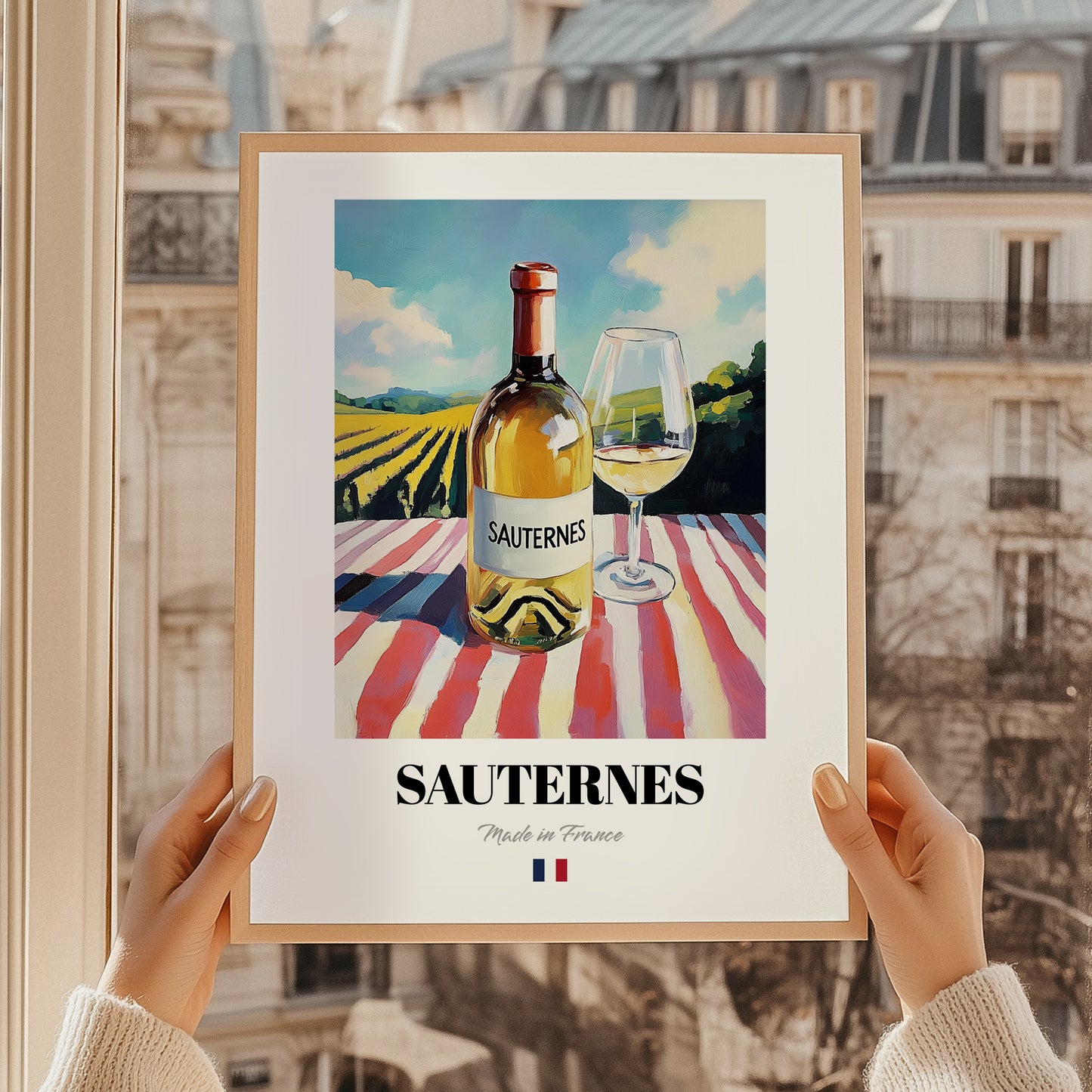 Sauternes – French White Wine, Vineyard Terrace Poster, styled in a charming Paris street view