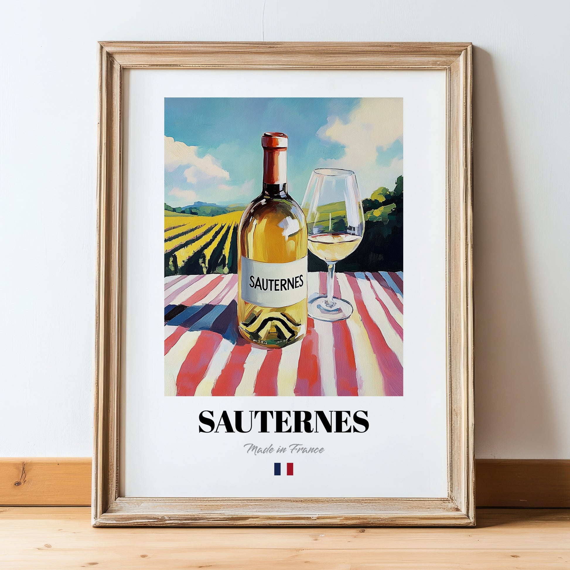 Sauternes – French White Wine, Vineyard Terrace Poster, in wooden frame leaning on the floor
