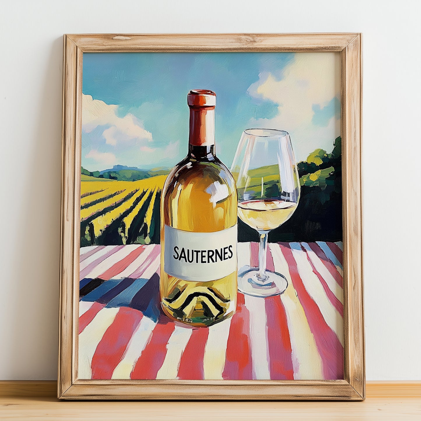 Sauternes – French White Wine, Vineyard Terrace Poster, no-text version framed in wood