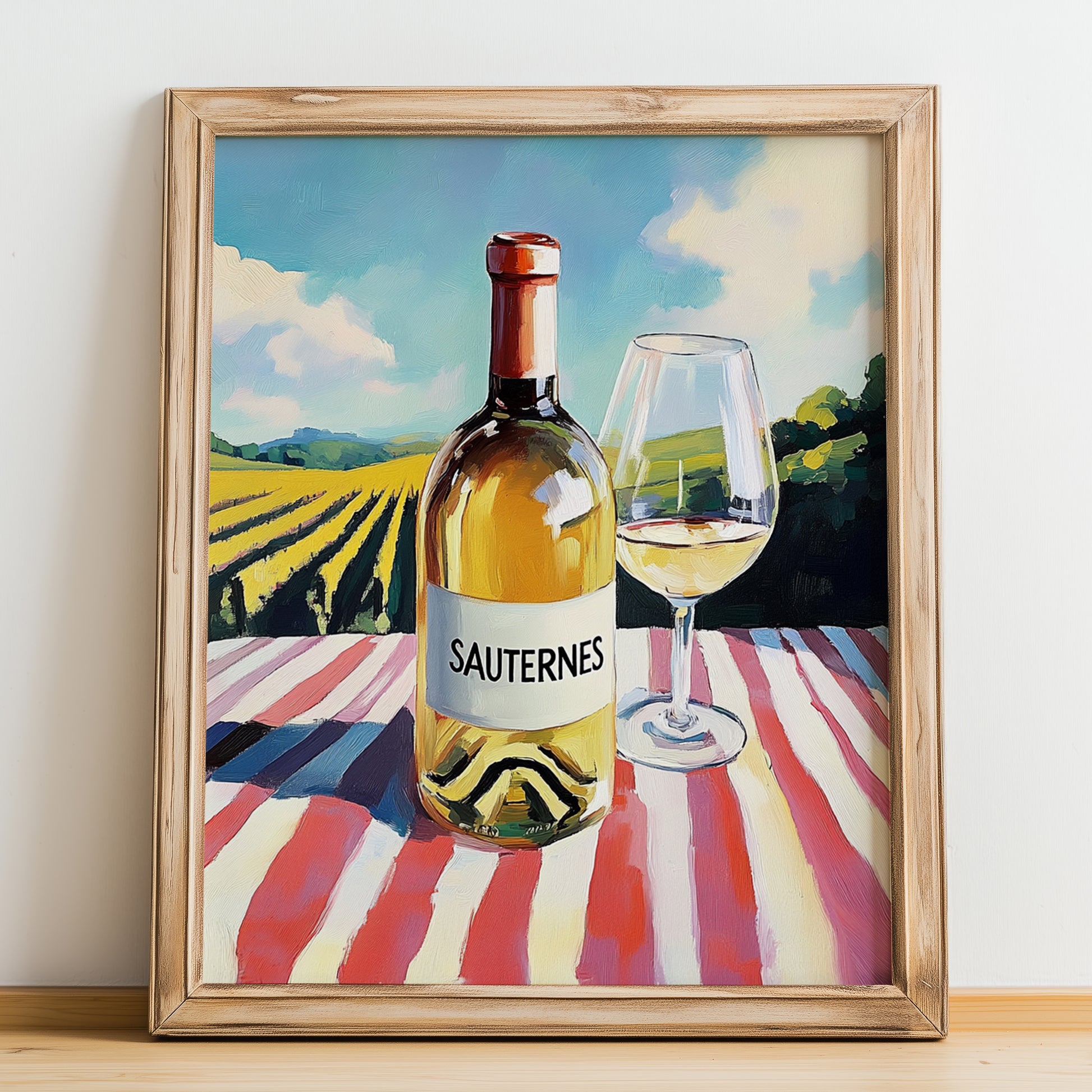 Sauternes – French White Wine, Vineyard Terrace Poster, no-text version framed in wood