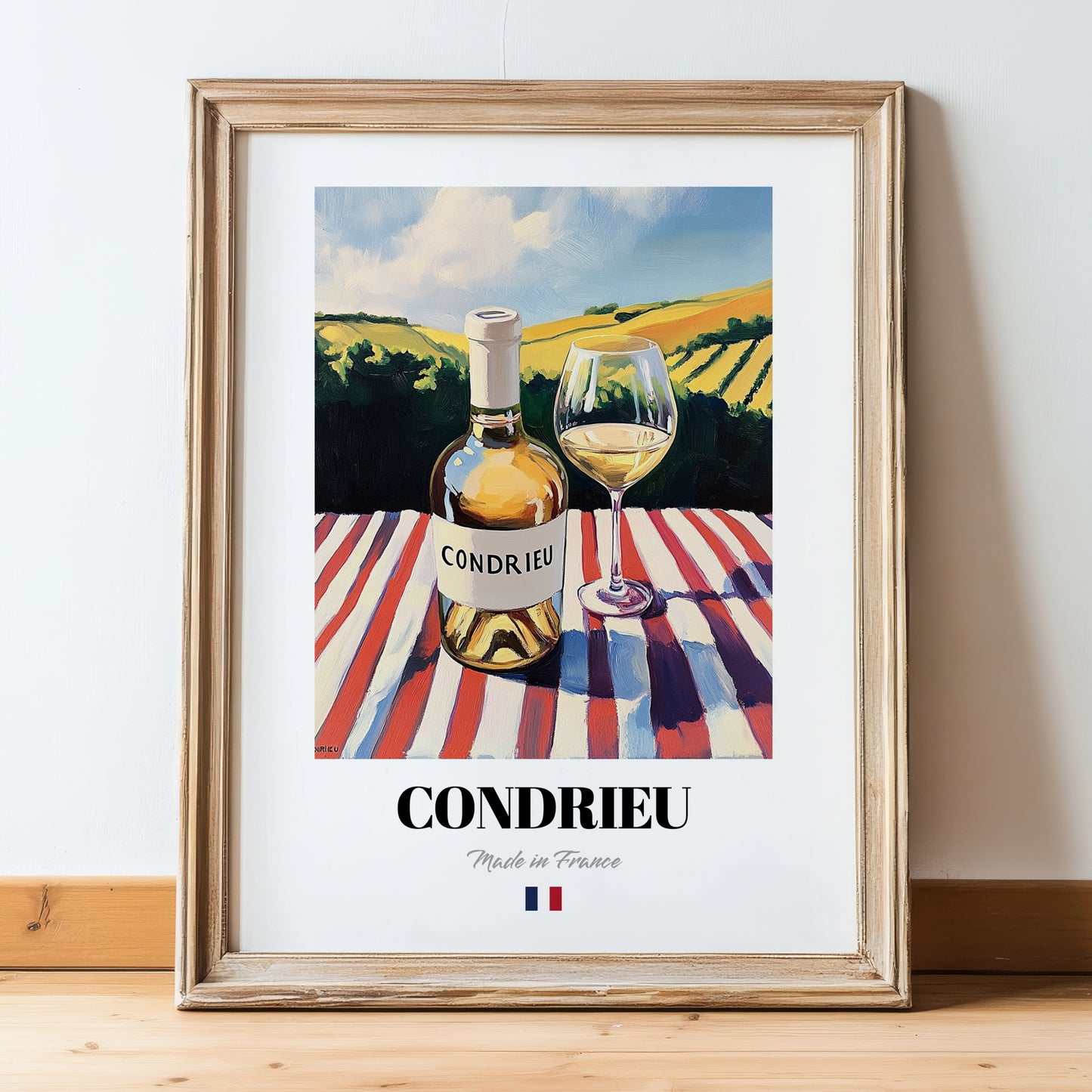 Condrieu – French White Wine, Tasting Room Poster, in wooden frame leaning on the floor