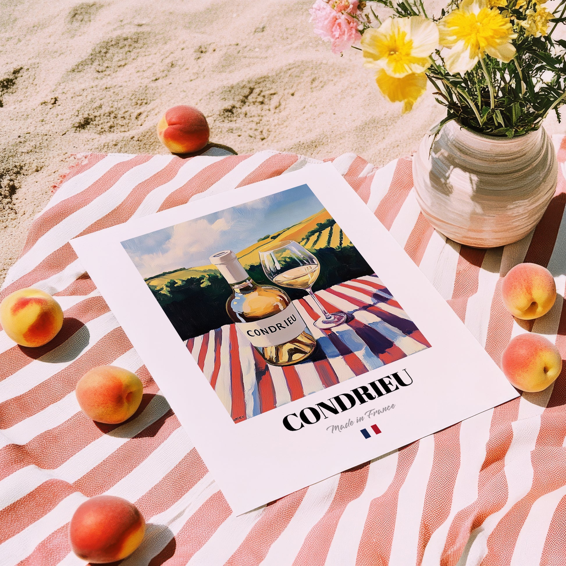 Condrieu – French White Wine, Tasting Room Poster, unframed on coastal sand