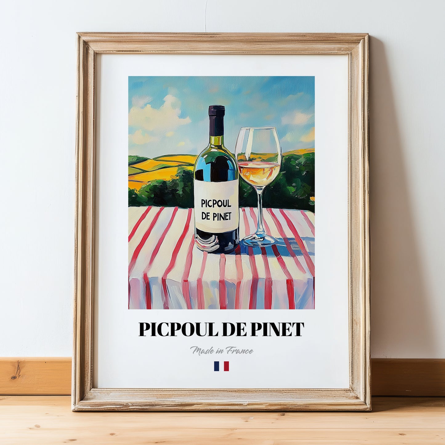 Picpoul de Pinet – French White Wine, Tasting Room Art, in wooden frame leaning on the floor
