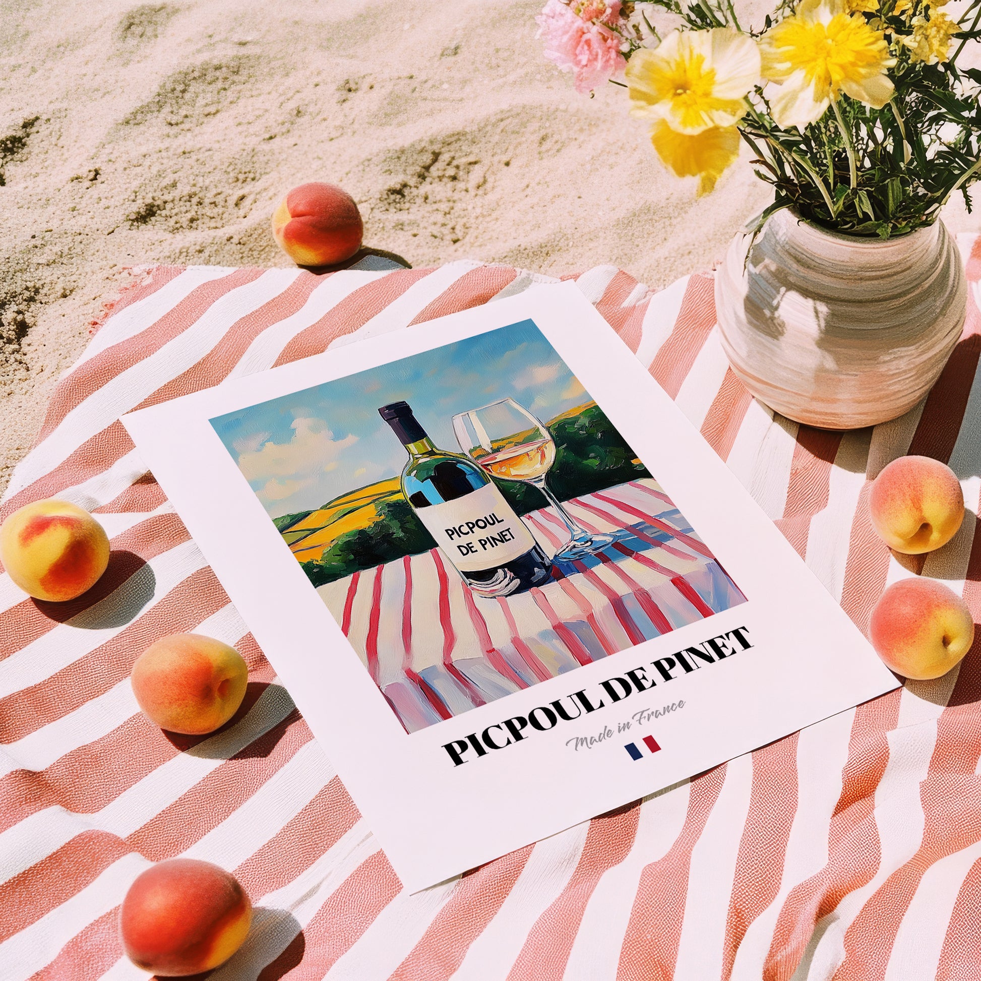 Picpoul de Pinet – French White Wine, Tasting Room Art, unframed on coastal sand