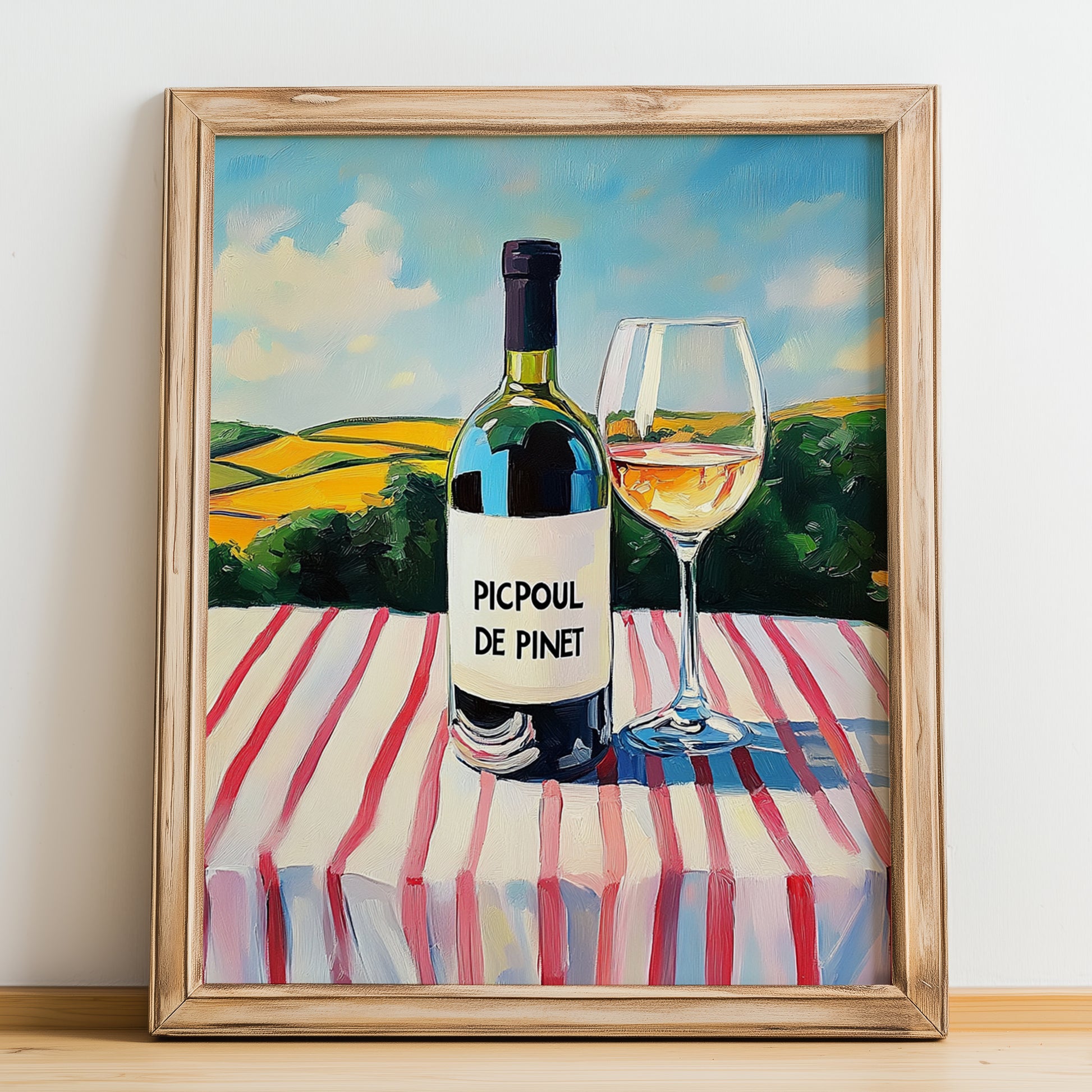 Picpoul de Pinet – French White Wine, Tasting Room Art, no-text version framed in wood