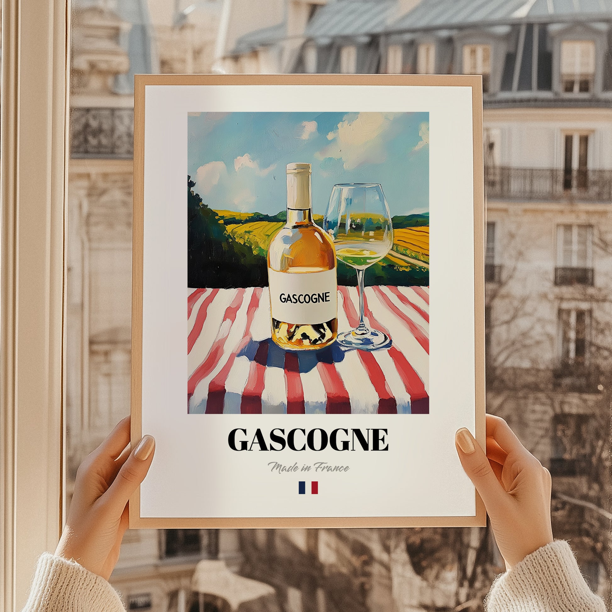 Gascogne – French White Wine, Vineyard Terrace Illustration, styled in a charming Paris street view