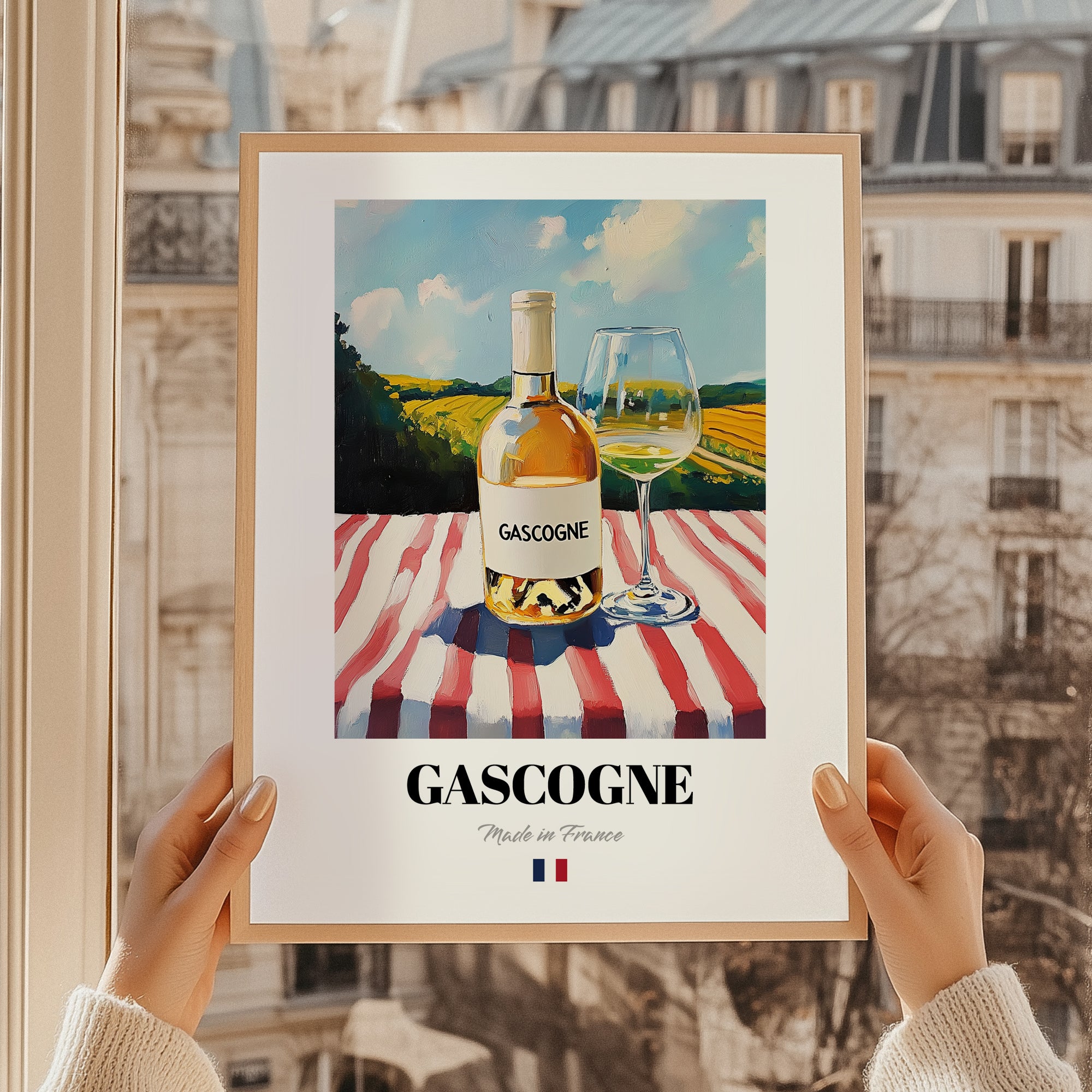 Gascogne – French White Wine, Vineyard Terrace Illustration, styled in a charming Paris street view