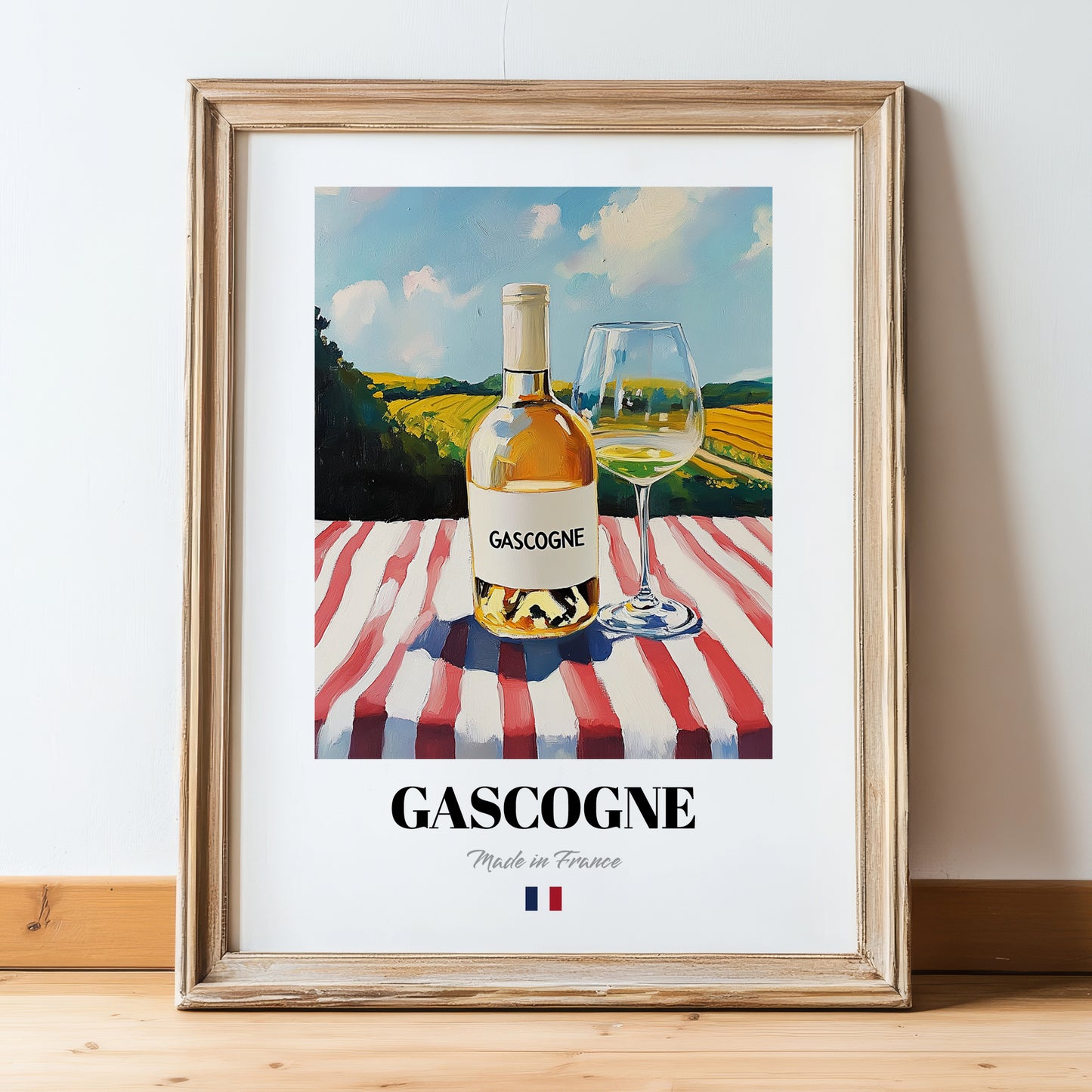 Gascogne – French White Wine, Vineyard Terrace Illustration, in wooden frame leaning on the floor