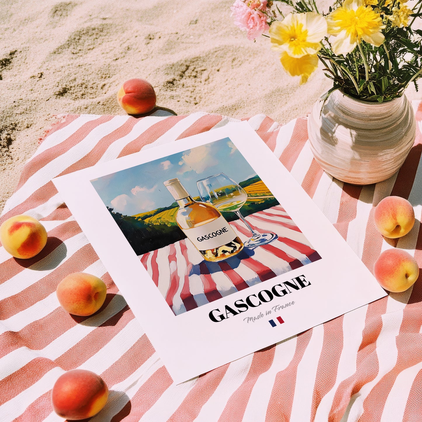 Gascogne – French White Wine, Vineyard Terrace Illustration, unframed on coastal sand