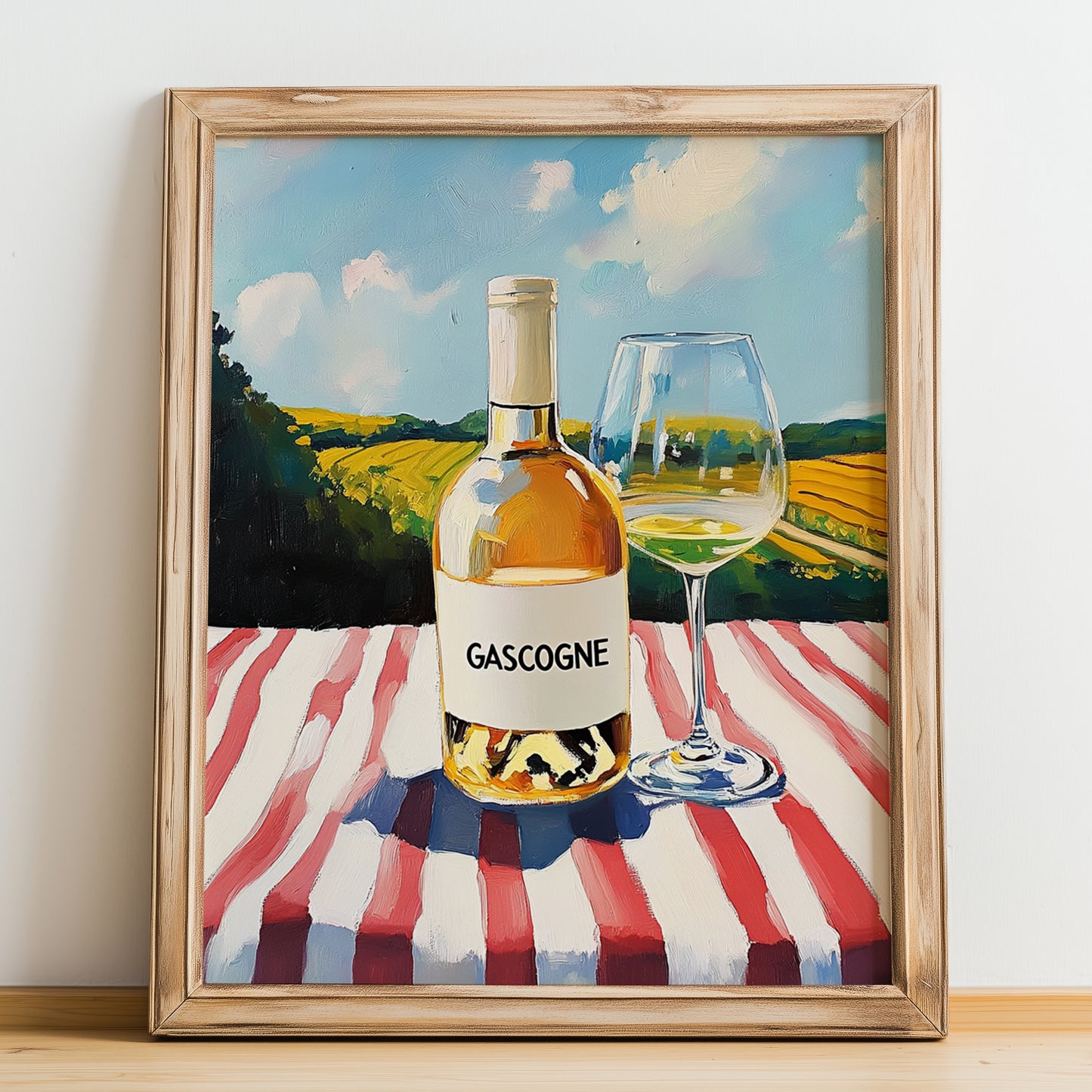 Gascogne – French White Wine, Vineyard Terrace Illustration, no-text version framed in wood