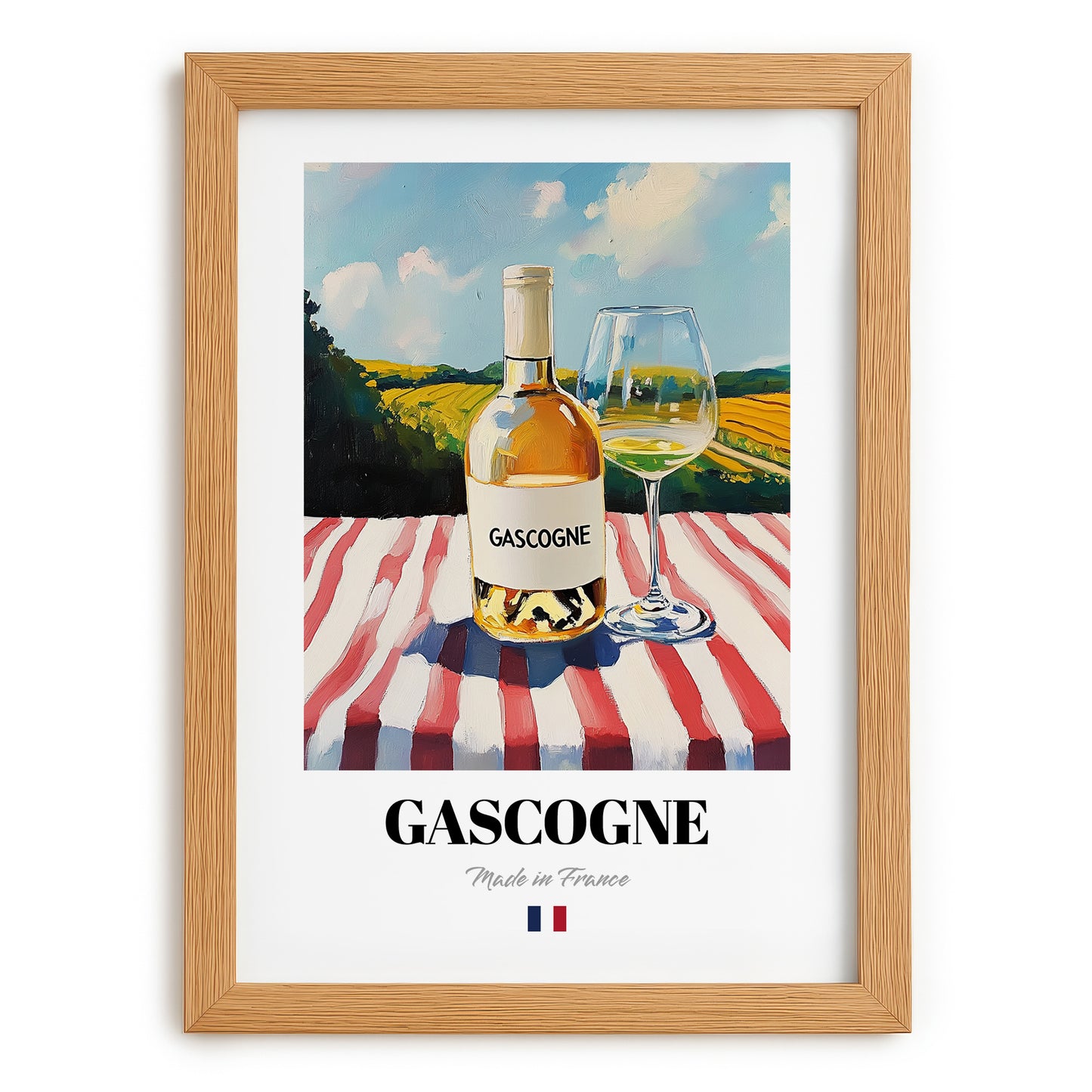 Gascogne – French White Wine, Vineyard Terrace Illustration, set in oak frame