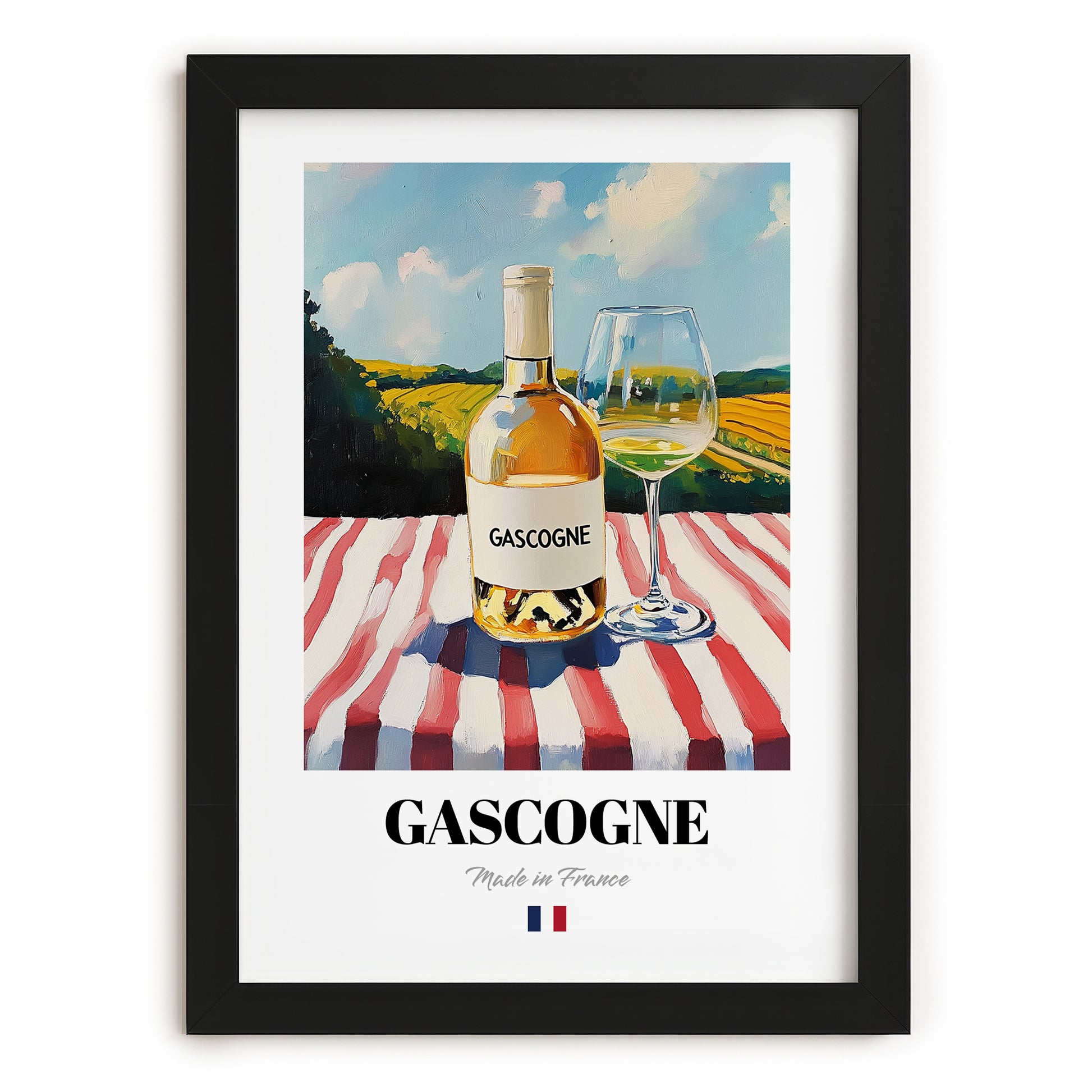 Gascogne – French White Wine, Vineyard Terrace Illustration, in sleek black frame