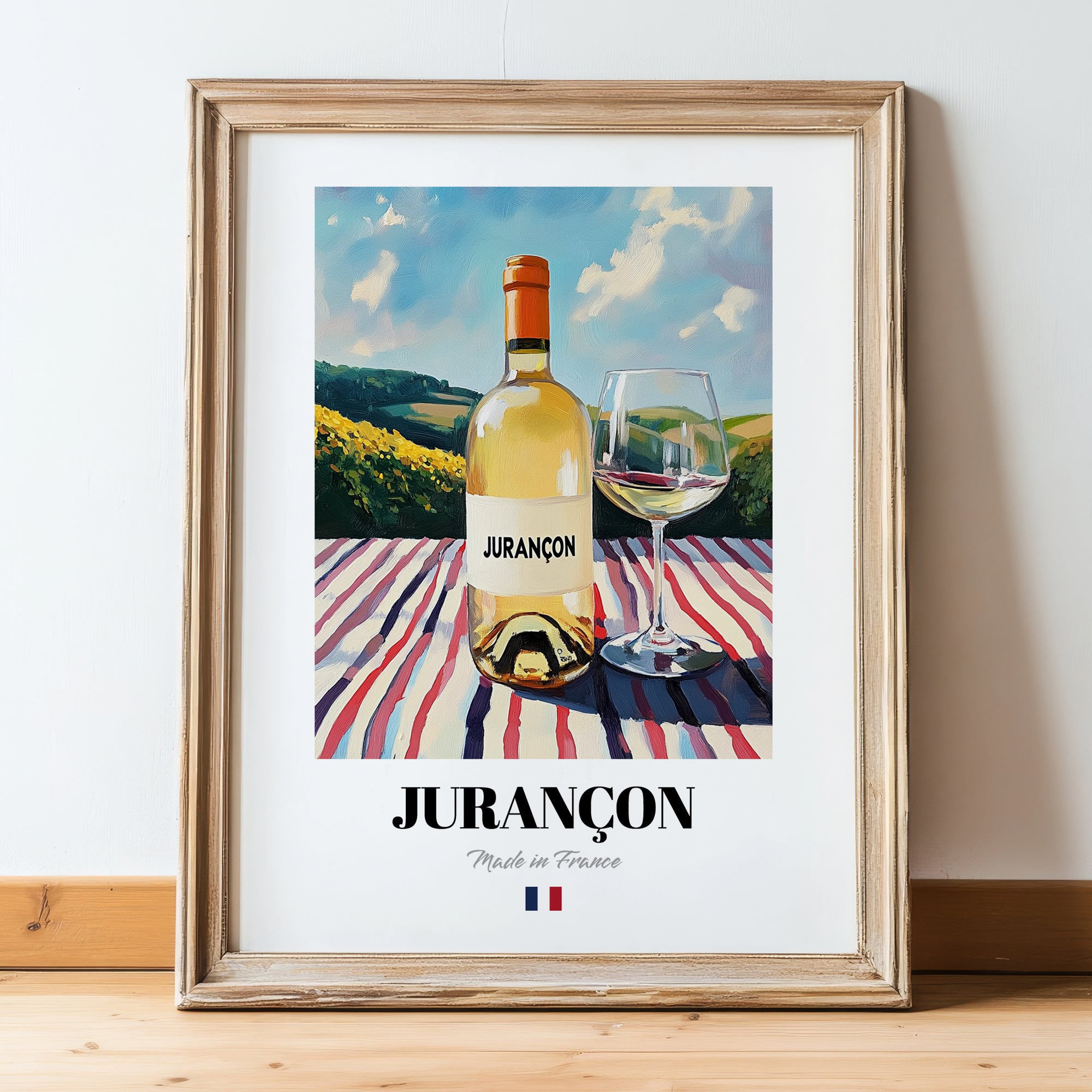 Jurançon – French White Wine, Wine Bar Poster, in wooden frame leaning on the floor