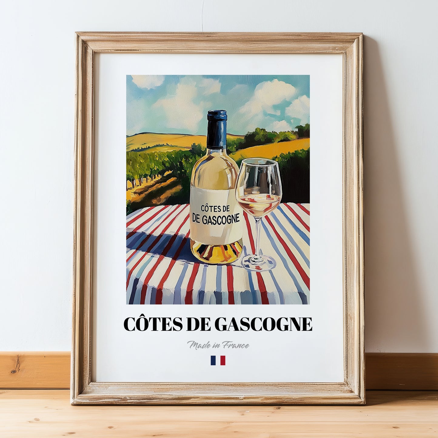 Côtes de Gascogne – French White Wine, Bodega Poster, in wooden frame leaning on the floor