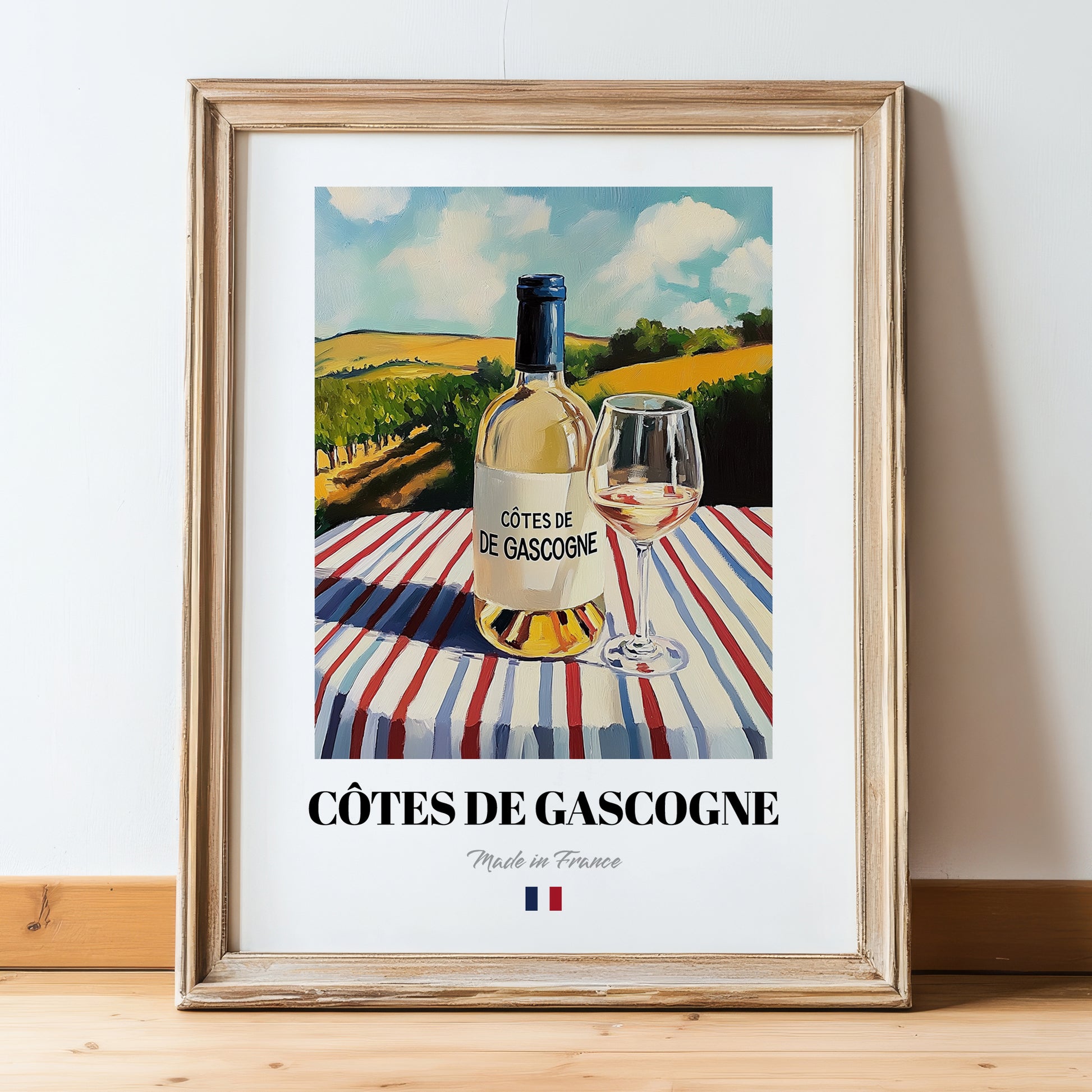 Côtes de Gascogne – French White Wine, Bodega Poster, in wooden frame leaning on the floor