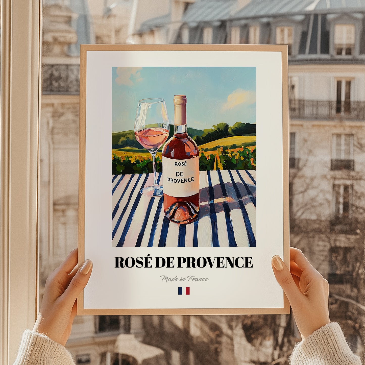 Rosé de Provence – French Rose Wine, Wine Bar Wall Art, styled in a charming Paris street view