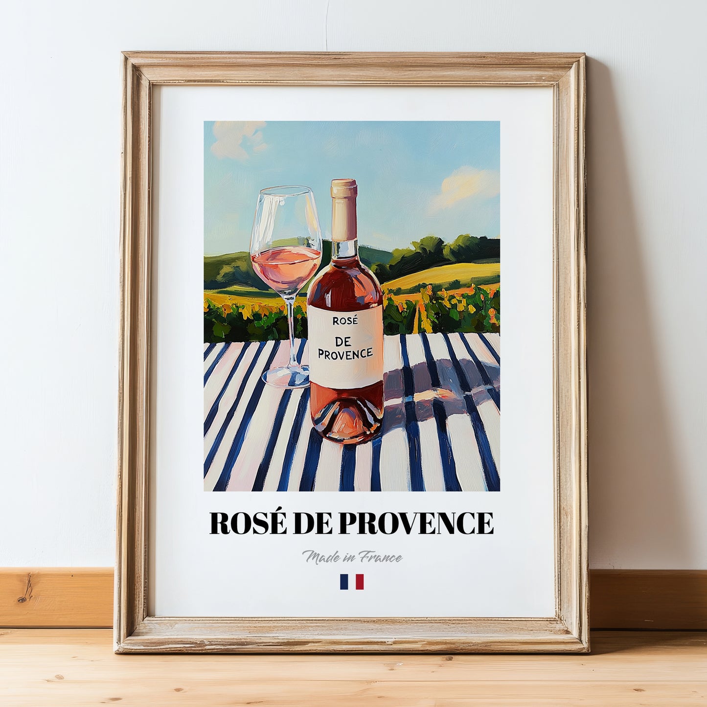 Rosé de Provence – French Rose Wine, Wine Bar Wall Art, in wooden frame leaning on the floor