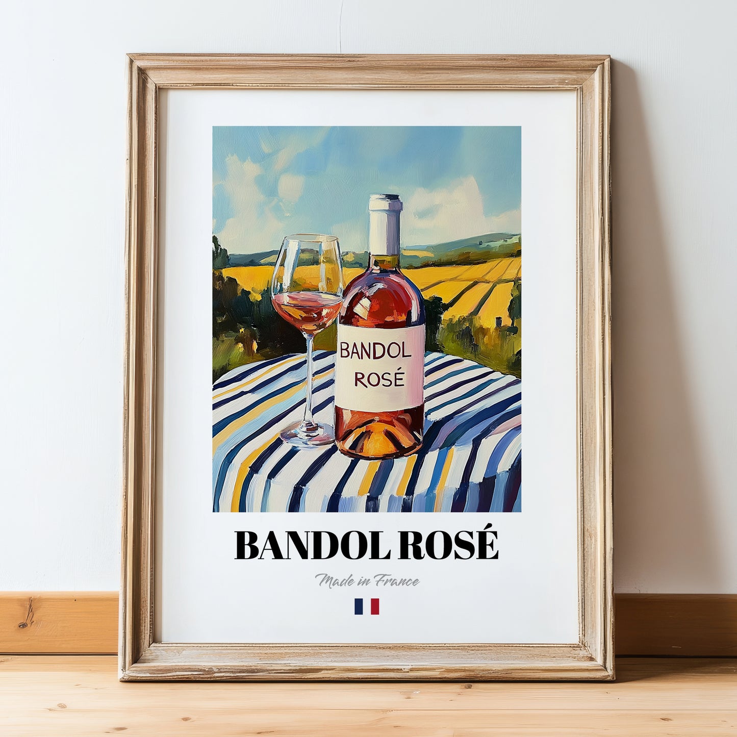 Bandol Rosé – French Rose Wine, Vinoteca Wall Decor, in wooden frame leaning on the floor