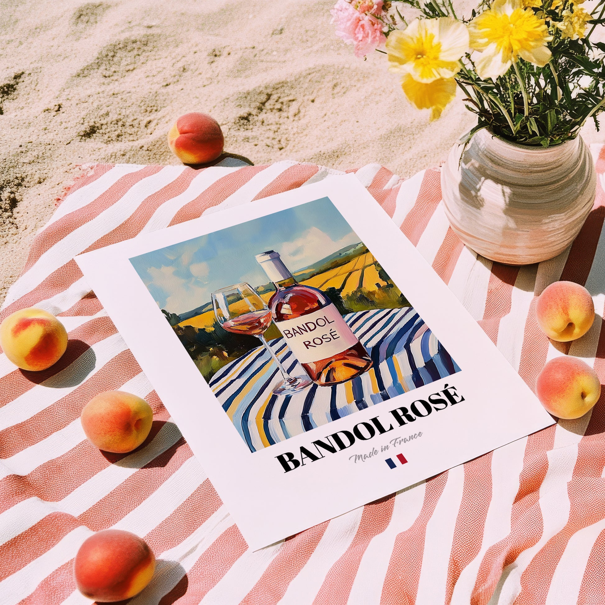 Bandol Rosé – French Rose Wine, Vinoteca Wall Decor, unframed on coastal sand
