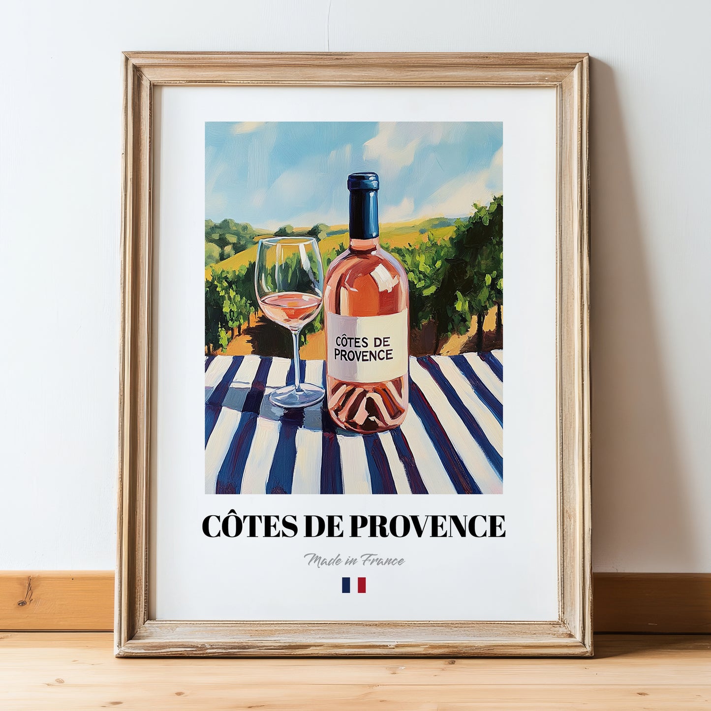Côtes de Provence – French Rose Wine, Enoteca Still Life, in wooden frame leaning on the floor