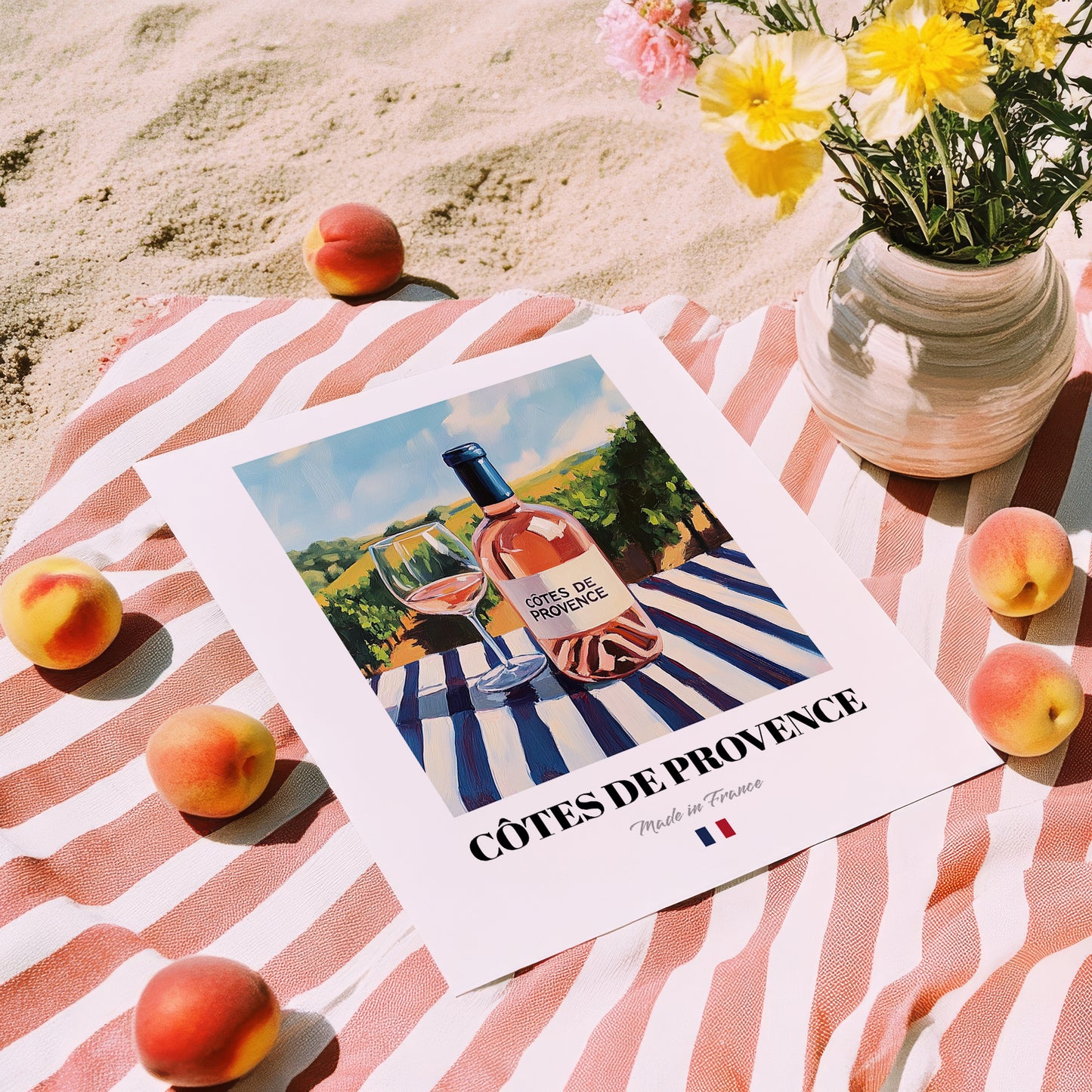 Côtes de Provence – French Rose Wine, Enoteca Still Life, unframed on coastal sand