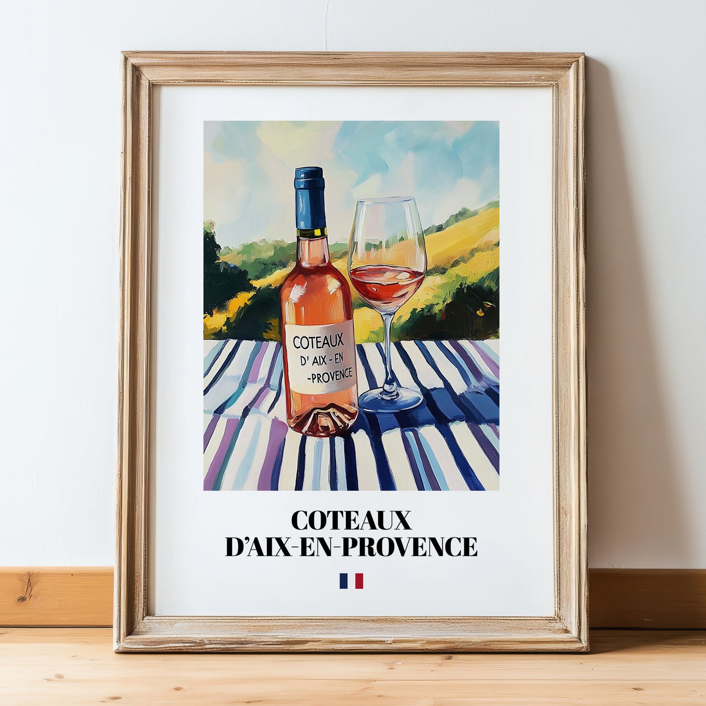 Coteaux d'Aix-en-Provence – French Rose Wine, Vineyard Terrace Wall Art, in wooden frame leaning on the floor