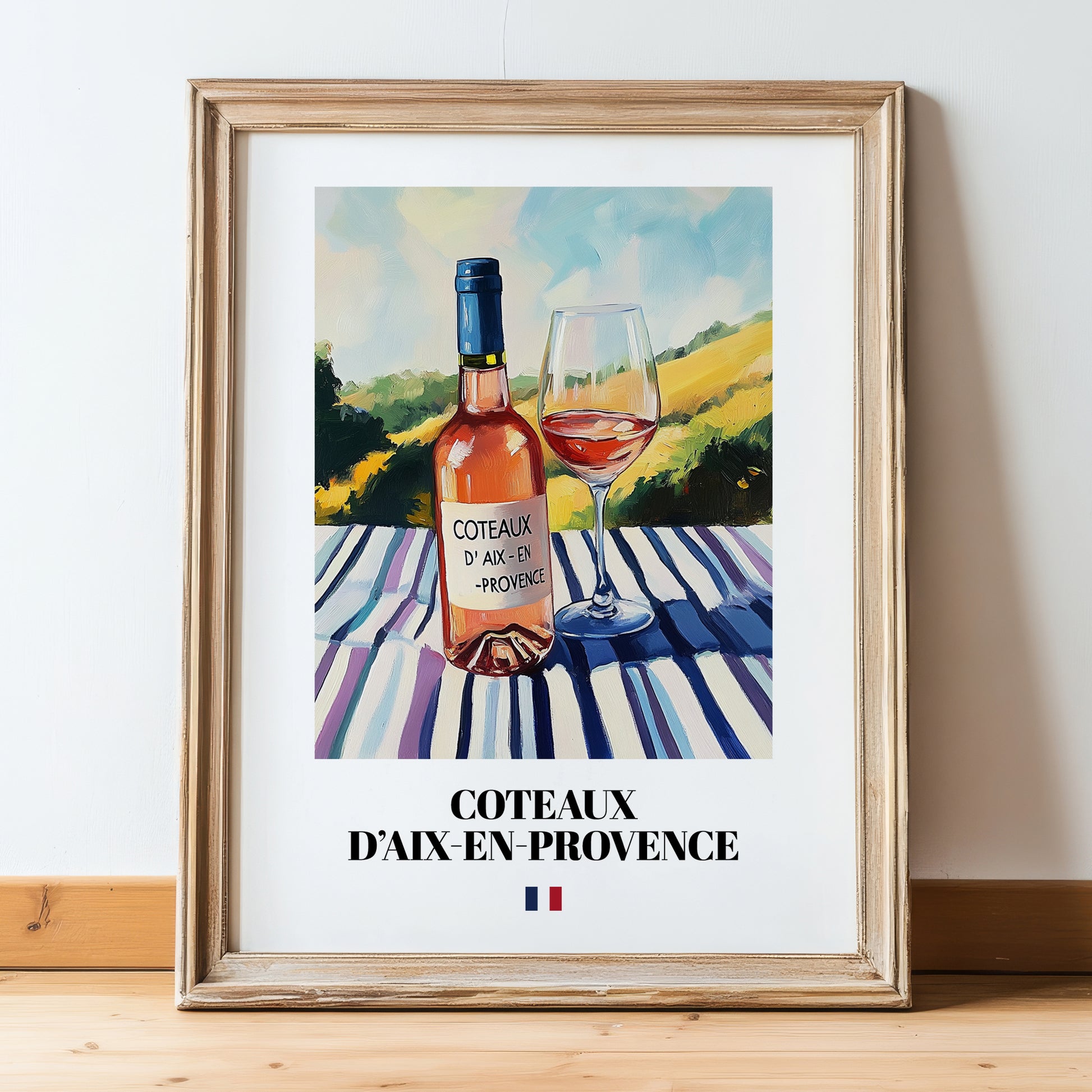Coteaux d'Aix-en-Provence – French Rose Wine, Vineyard Terrace Wall Art, in wooden frame leaning on the floor