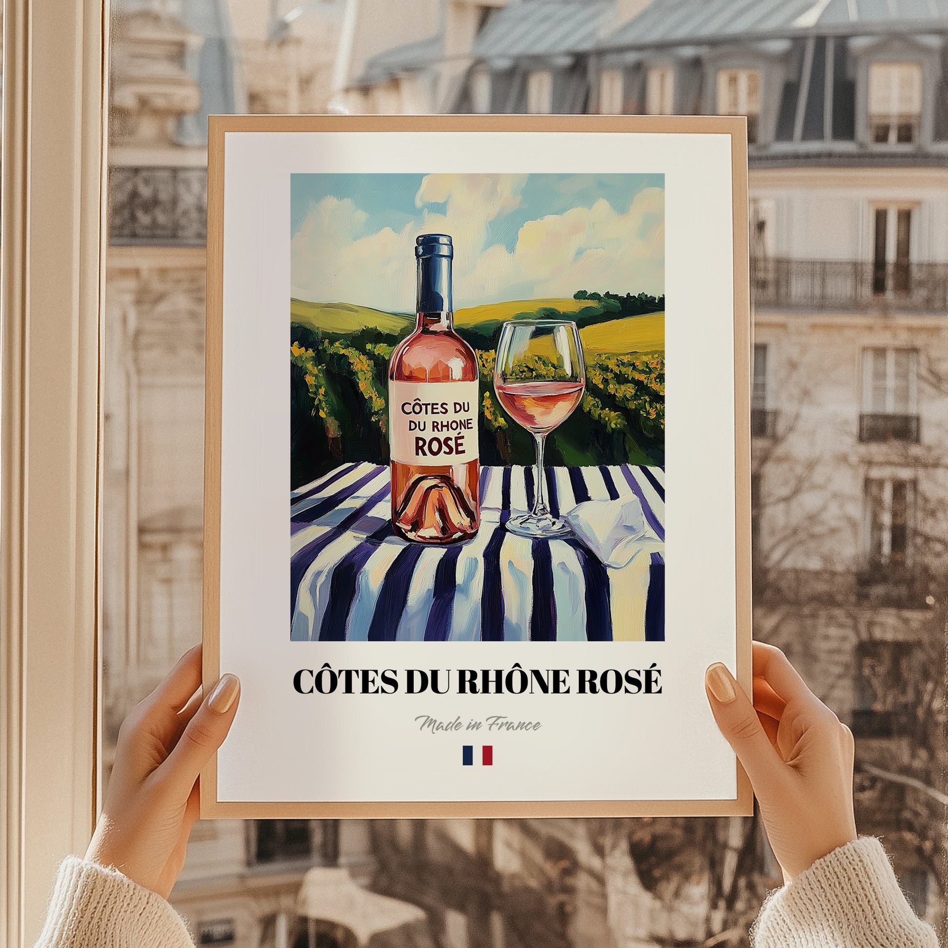 Côtes du Rhône Rosé – French Rose Wine, Enoteca Illustration, styled in a charming Paris street view