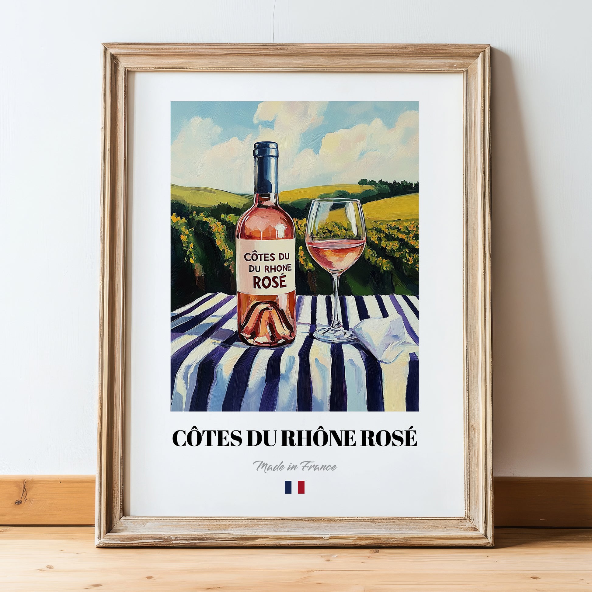 Côtes du Rhône Rosé – French Rose Wine, Enoteca Illustration, in wooden frame leaning on the floor
