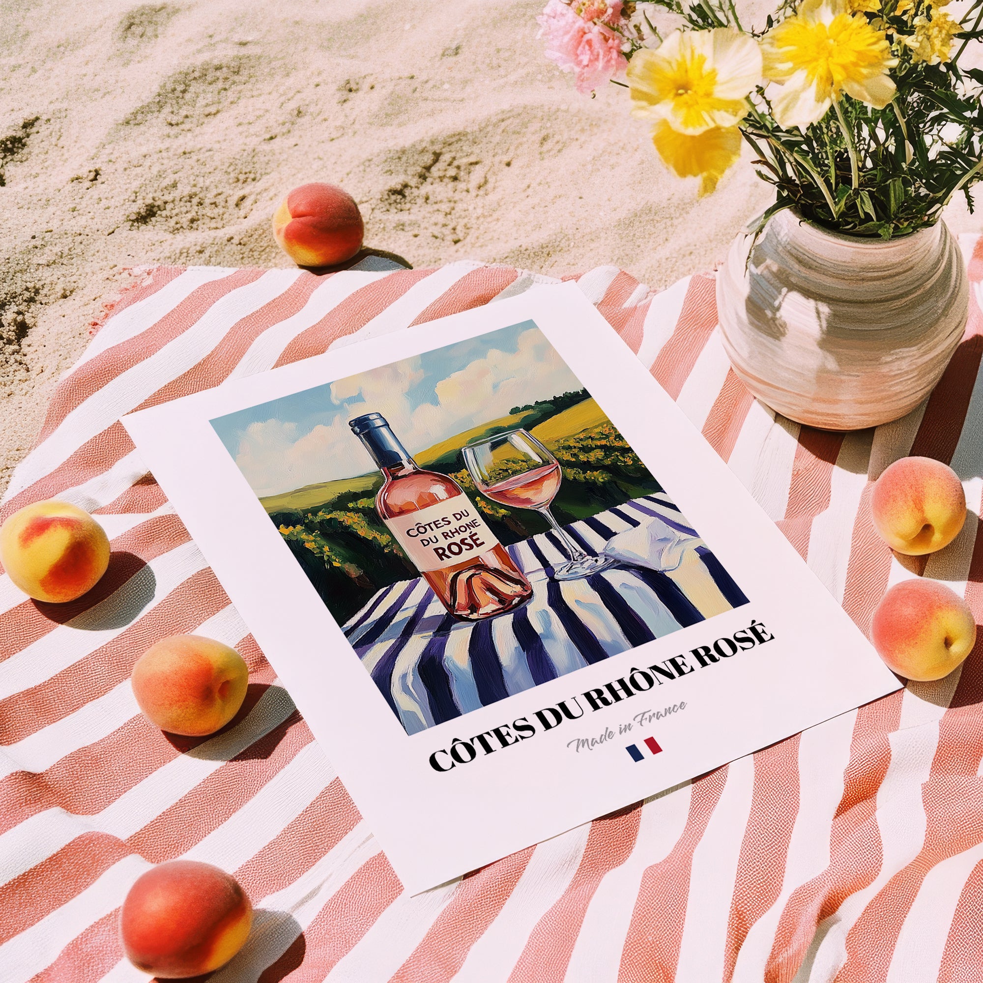 Côtes du Rhône Rosé – French Rose Wine, Enoteca Illustration, unframed on coastal sand