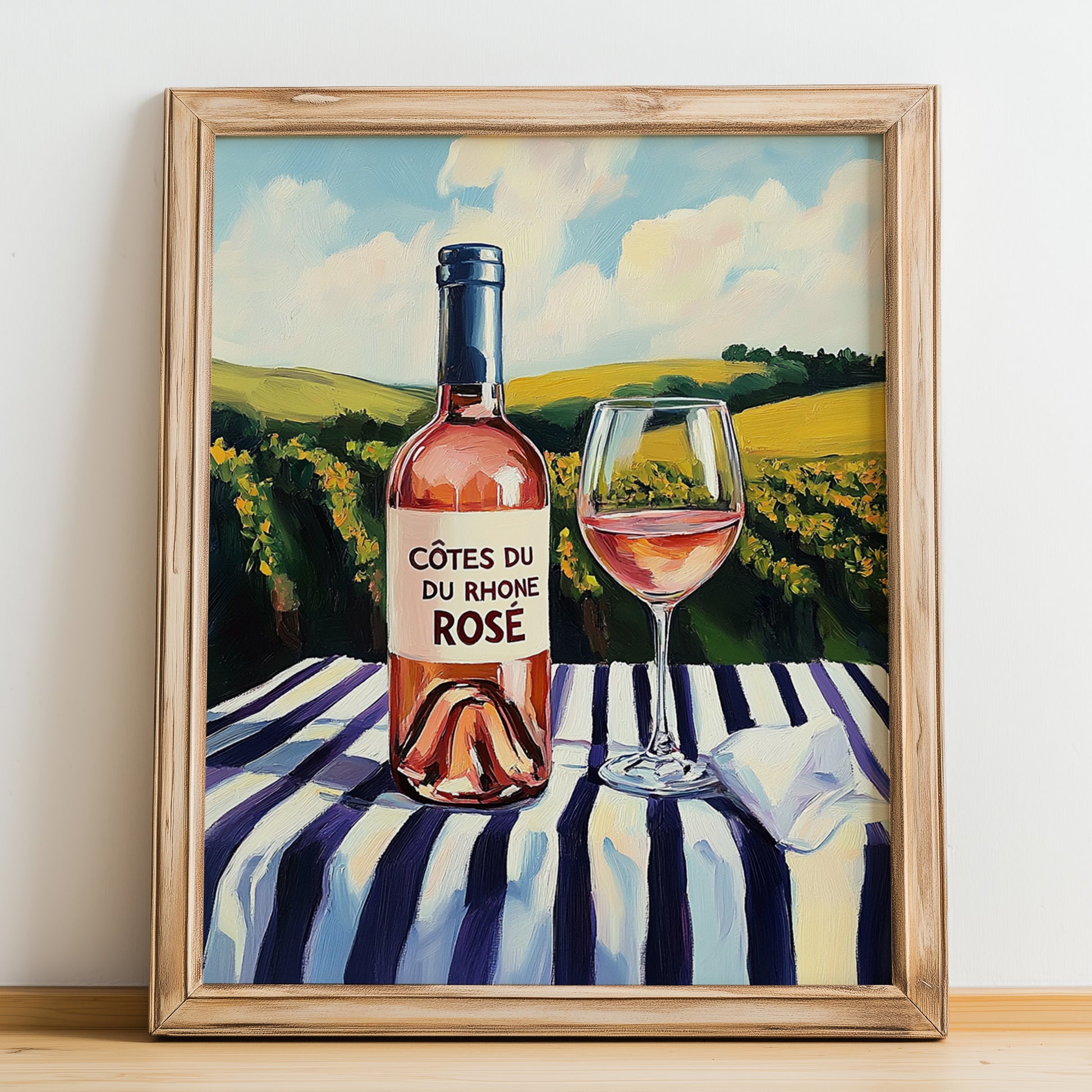 Côtes du Rhône Rosé – French Rose Wine, Enoteca Illustration, no-text version framed in wood