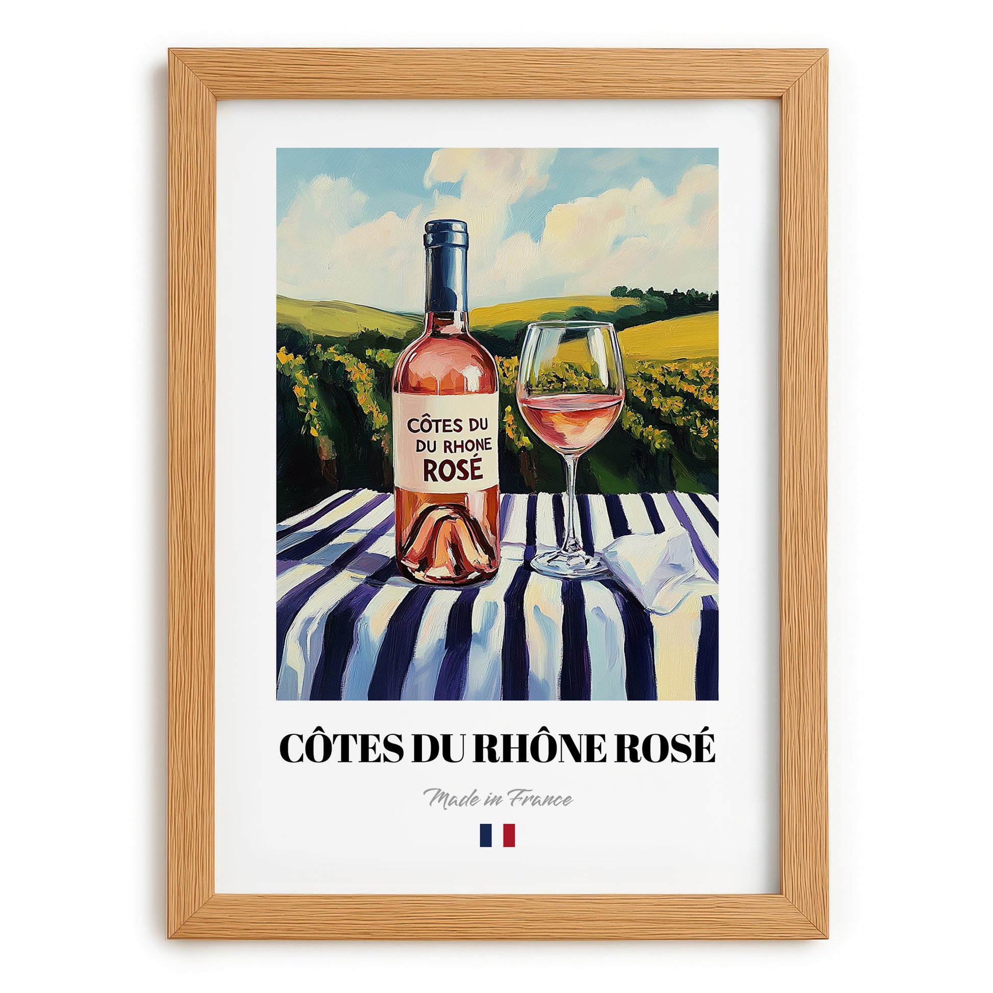 Côtes du Rhône Rosé – French Rose Wine, Enoteca Illustration, set in oak frame