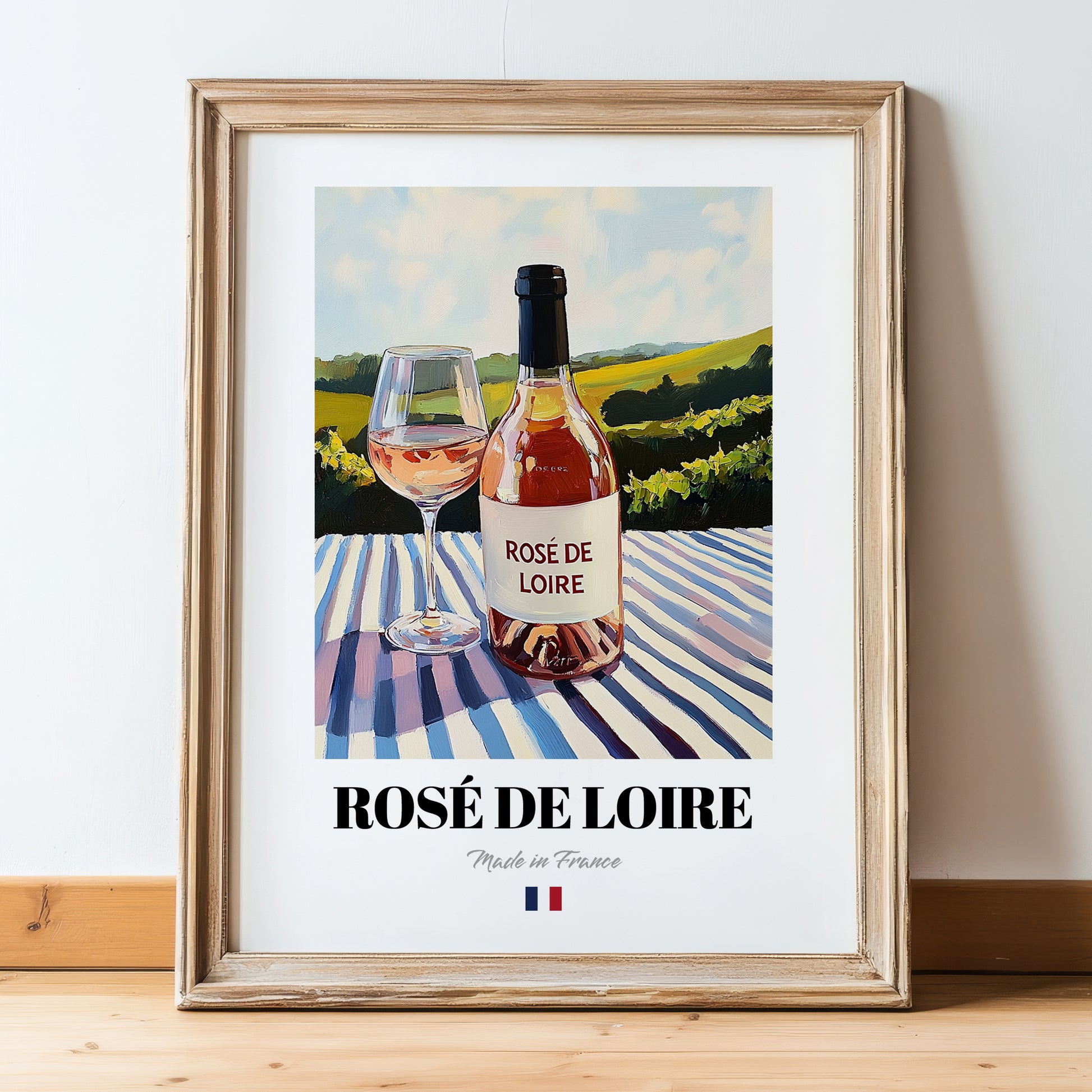 Rosé de Loire – French Rose Wine, Vinoteca Wall Art, in wooden frame leaning on the floor