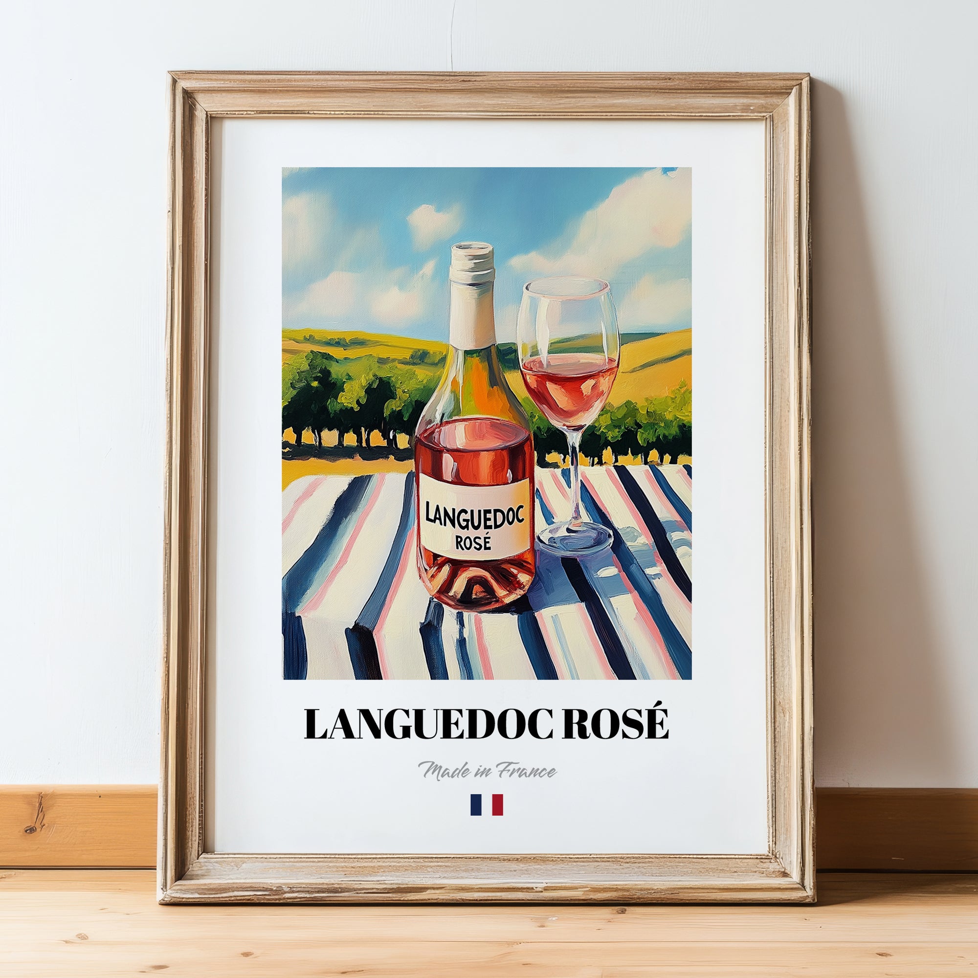 Languedoc Rosé – French Rose Wine, Vinoteca Print, in wooden frame leaning on the floor