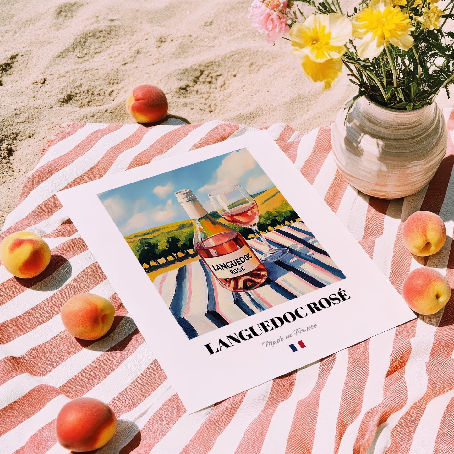 Languedoc Rosé – French Rose Wine, Vinoteca Print, unframed on coastal sand