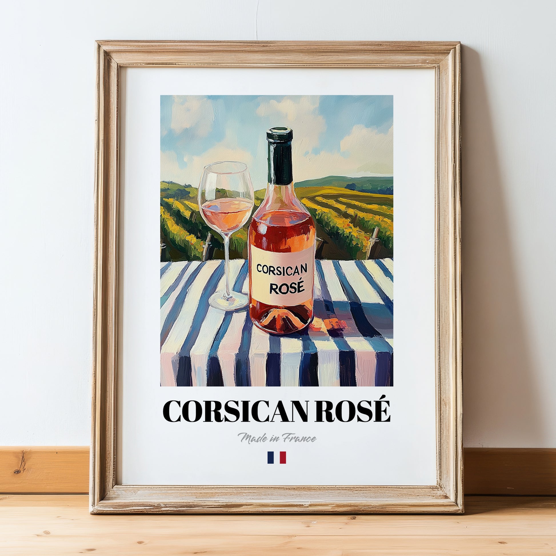 Corsican Rosé – French Rose Wine, Bodega Print, in wooden frame leaning on the floor