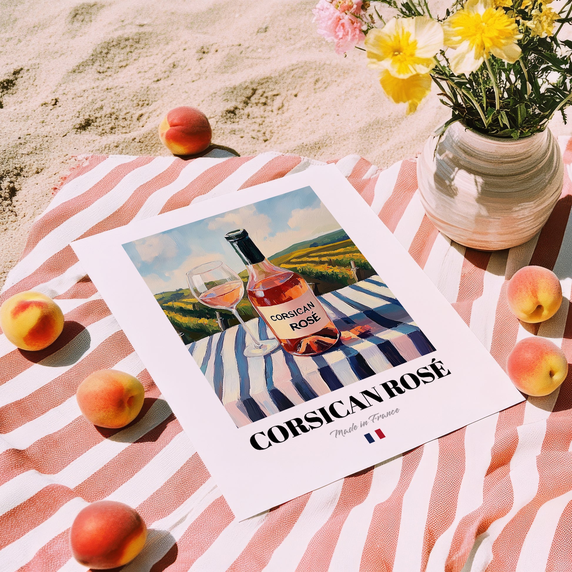 Corsican Rosé – French Rose Wine, Bodega Print, unframed on coastal sand