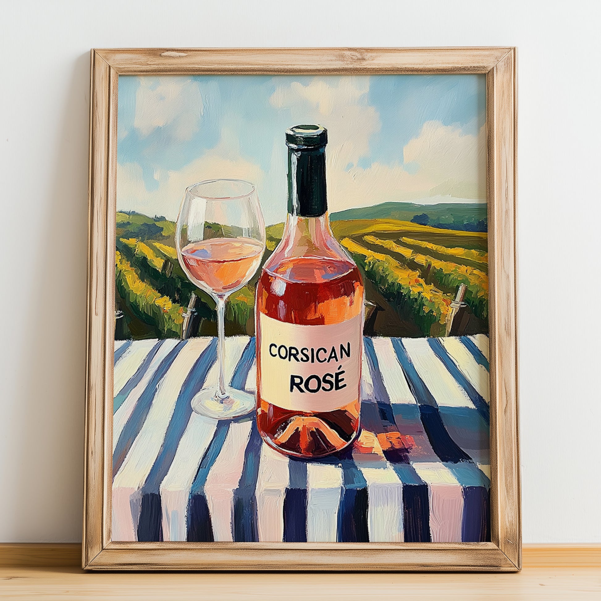 Corsican Rosé – French Rose Wine, Bodega Print, no-text version framed in wood
