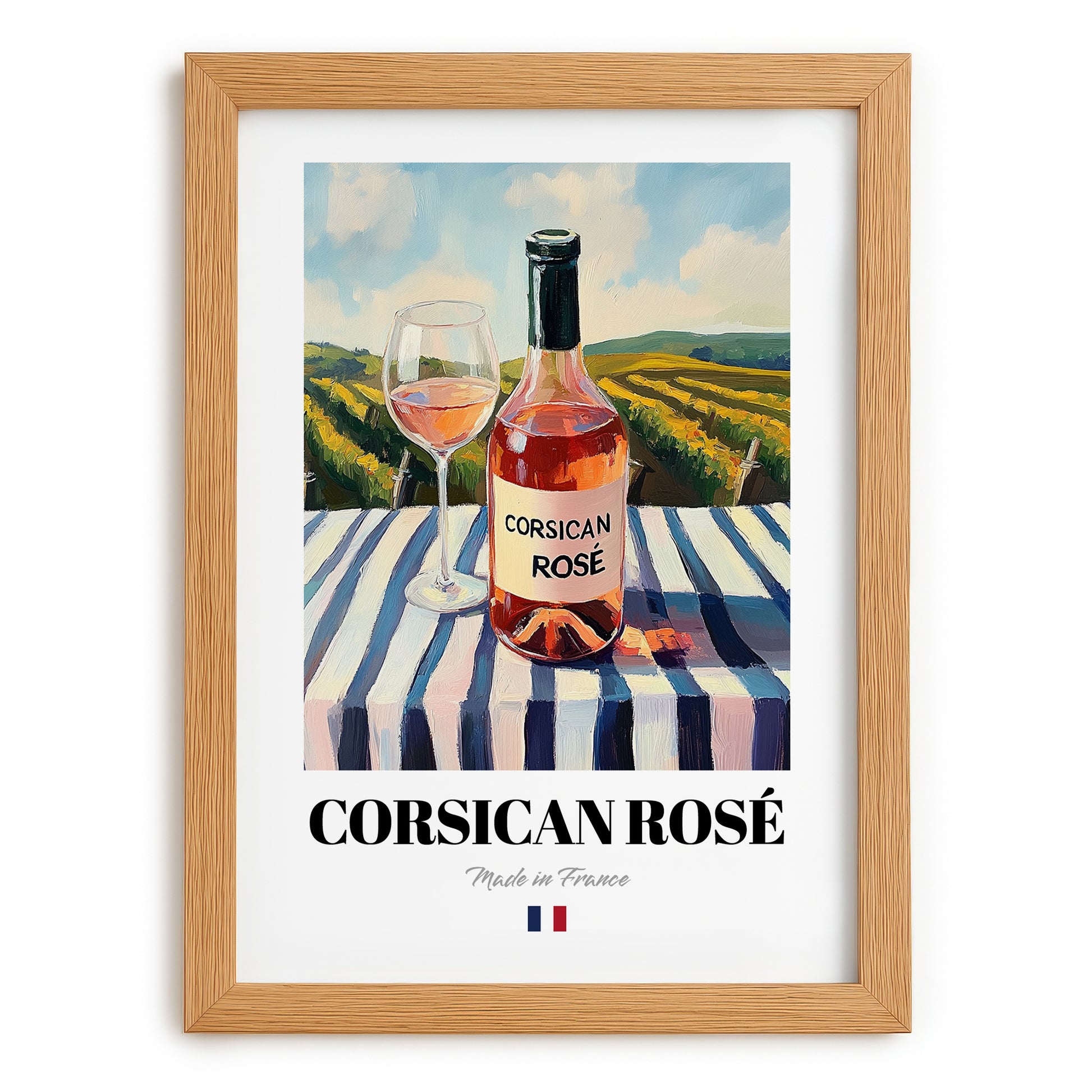 Corsican Rosé – French Rose Wine, Bodega Print, set in oak frame
