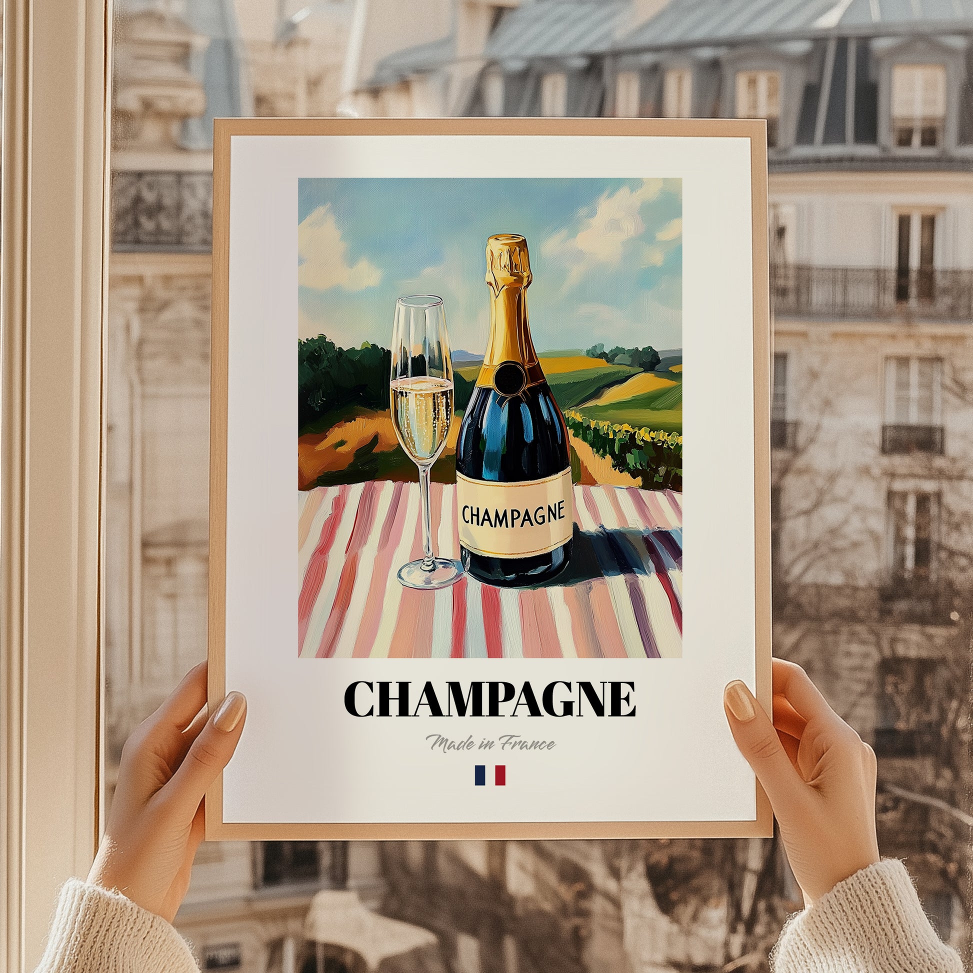 Champagne – French Sparkling Wine, Enoteca Still Life, styled in a charming Paris street view