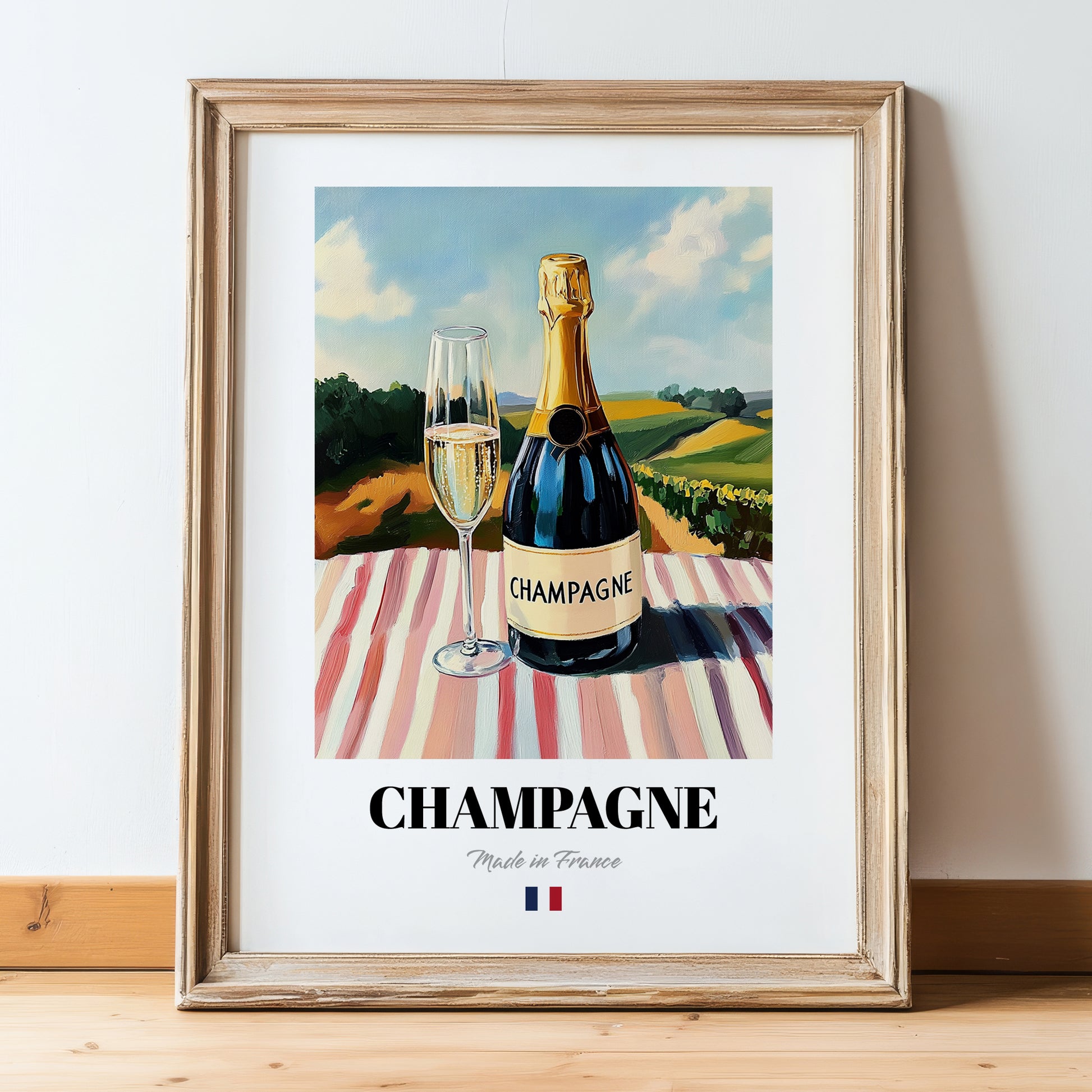 Champagne – French Sparkling Wine, Enoteca Still Life, in wooden frame leaning on the floor