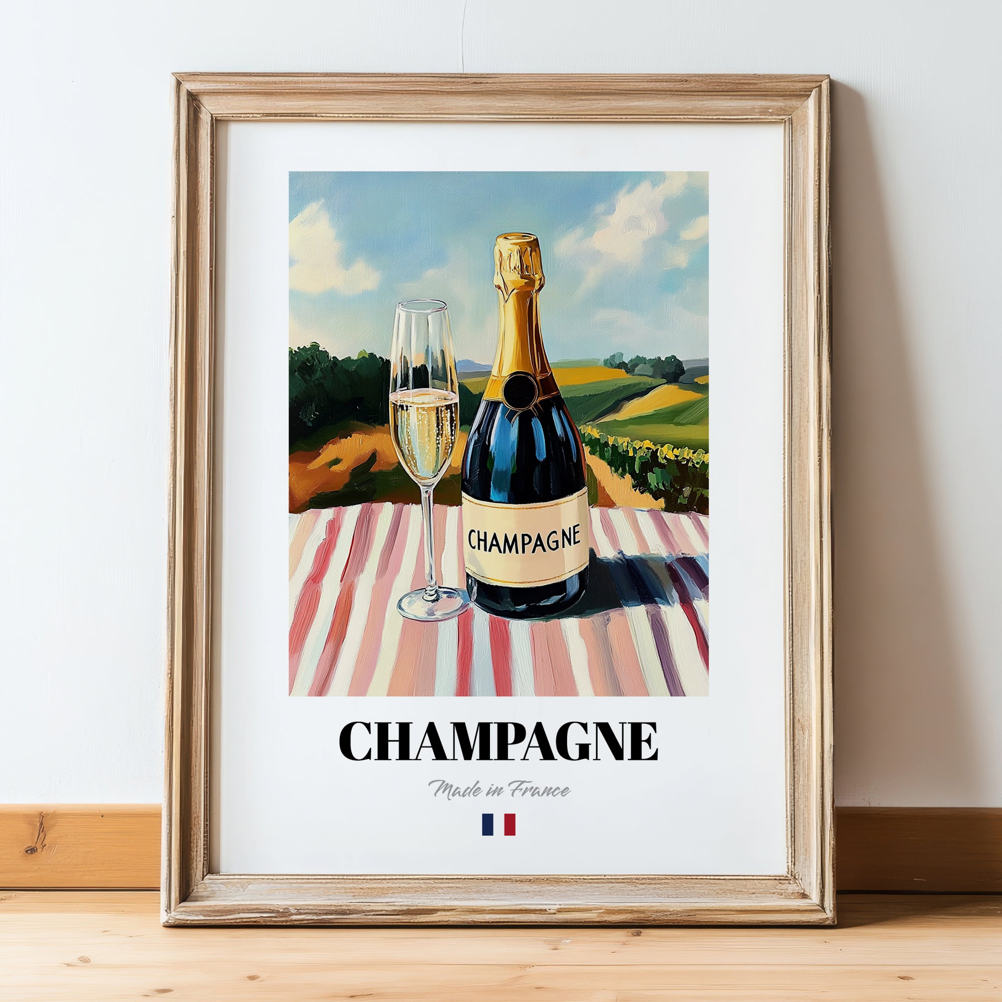 Champagne – French Sparkling Wine, Enoteca Still Life, in wooden frame leaning on the floor