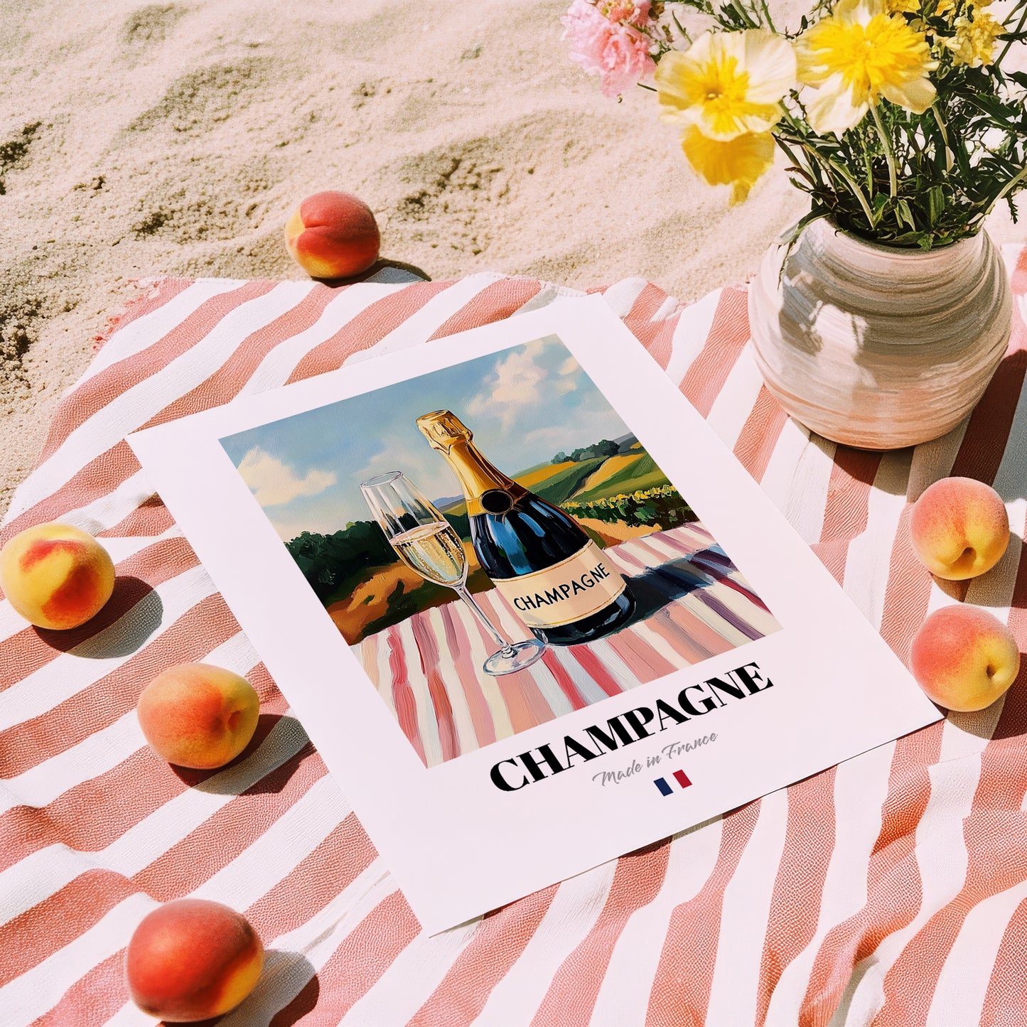 Champagne – French Sparkling Wine, Enoteca Still Life, unframed on coastal sand