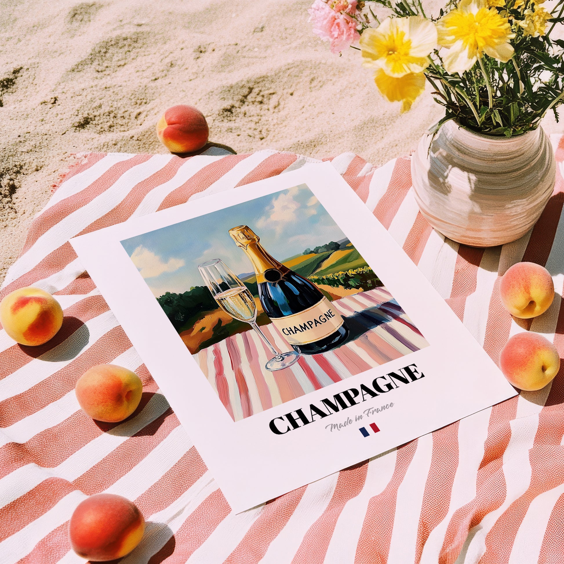 Champagne – French Sparkling Wine, Enoteca Still Life, unframed on coastal sand