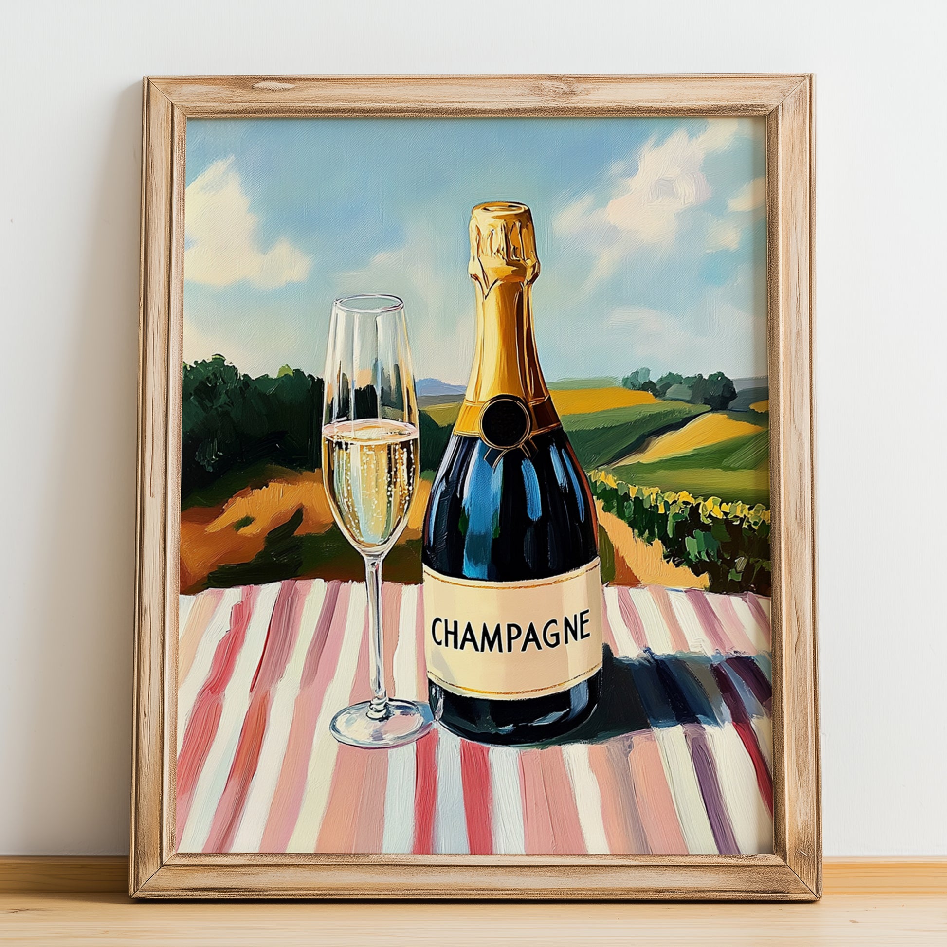 Champagne – French Sparkling Wine, Enoteca Still Life, no-text version framed in wood