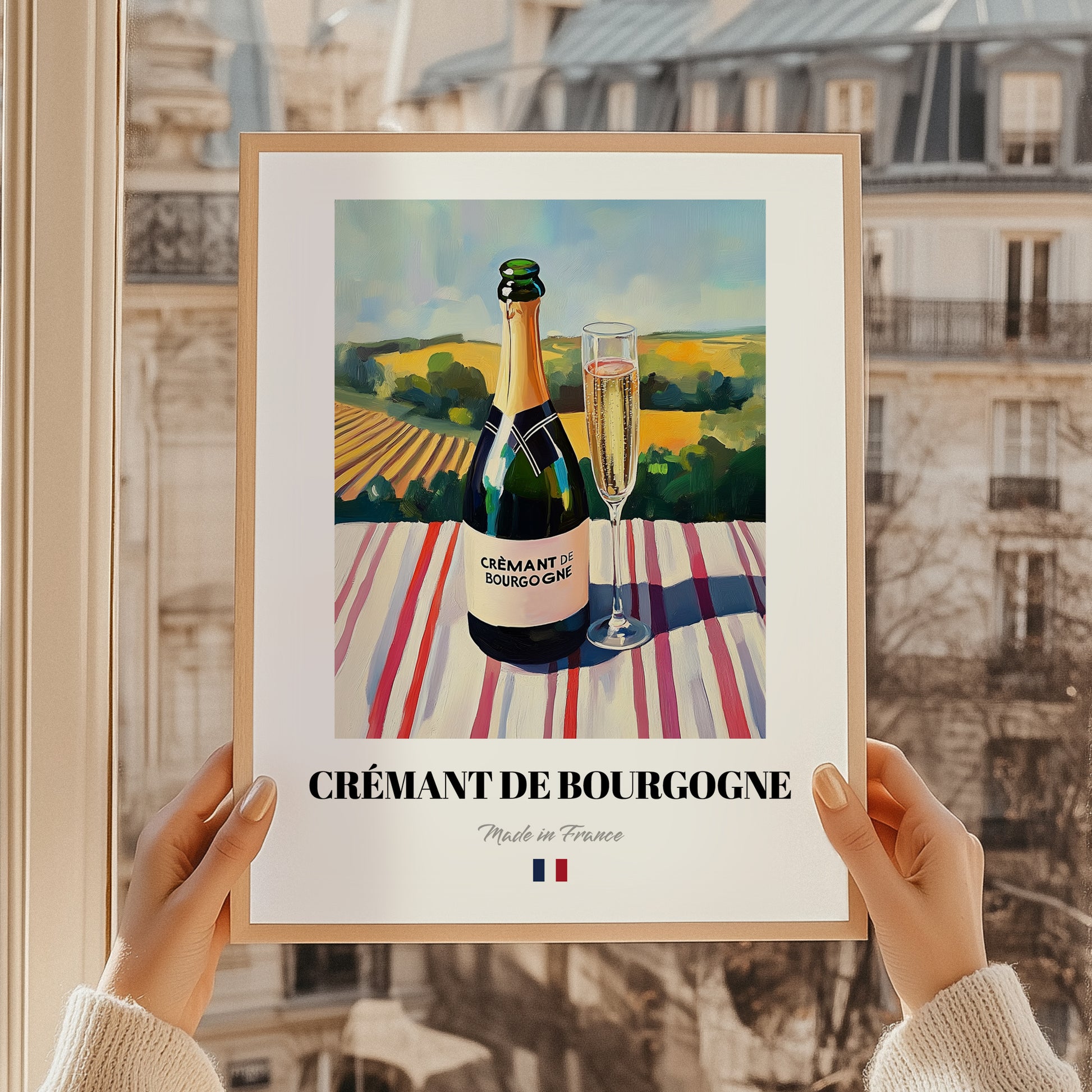 Crémant de Bourgogne – French Sparkling Wine, Vinoteca Poster, styled in a charming Paris street view
