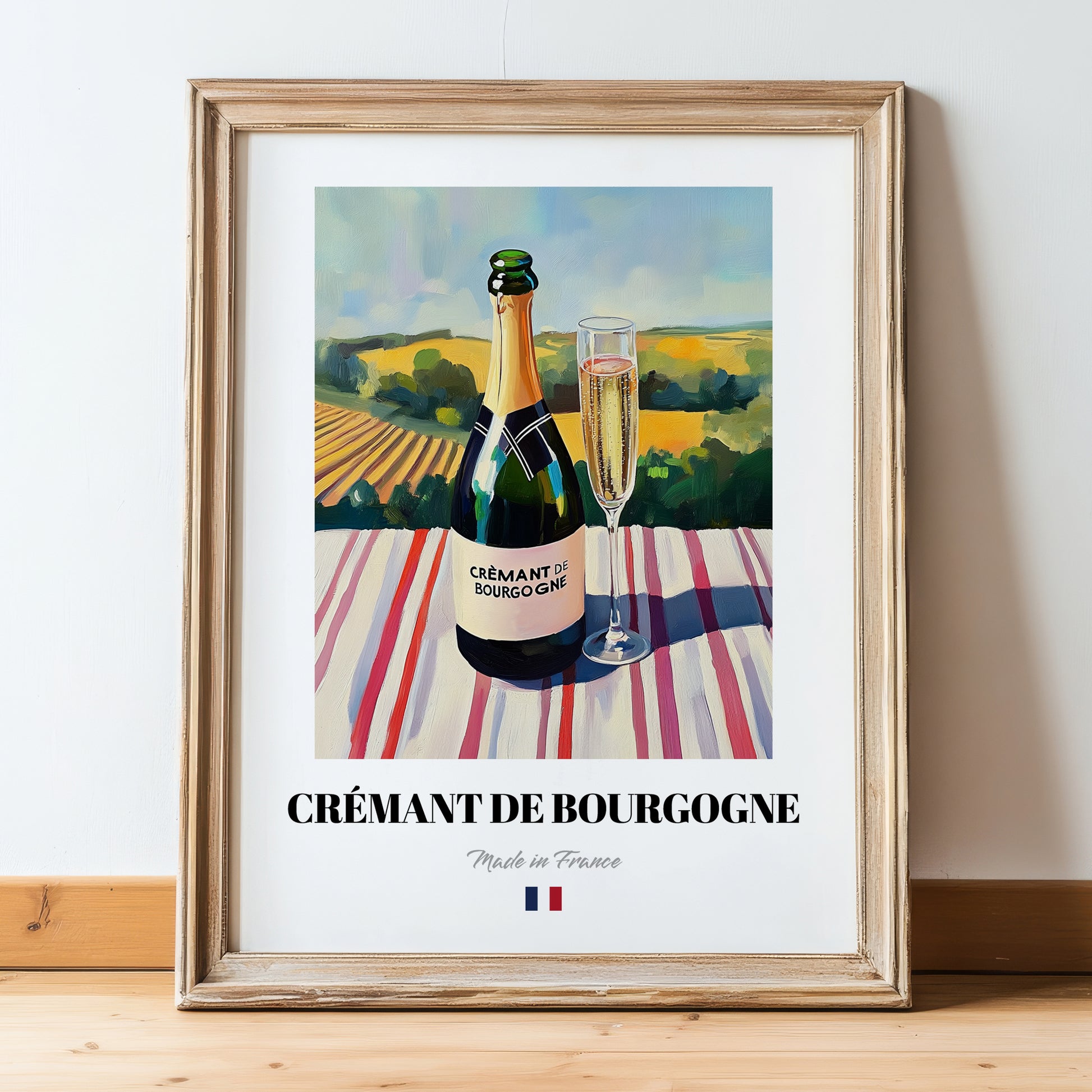 Crémant de Bourgogne – French Sparkling Wine, Vinoteca Poster, in wooden frame leaning on the floor
