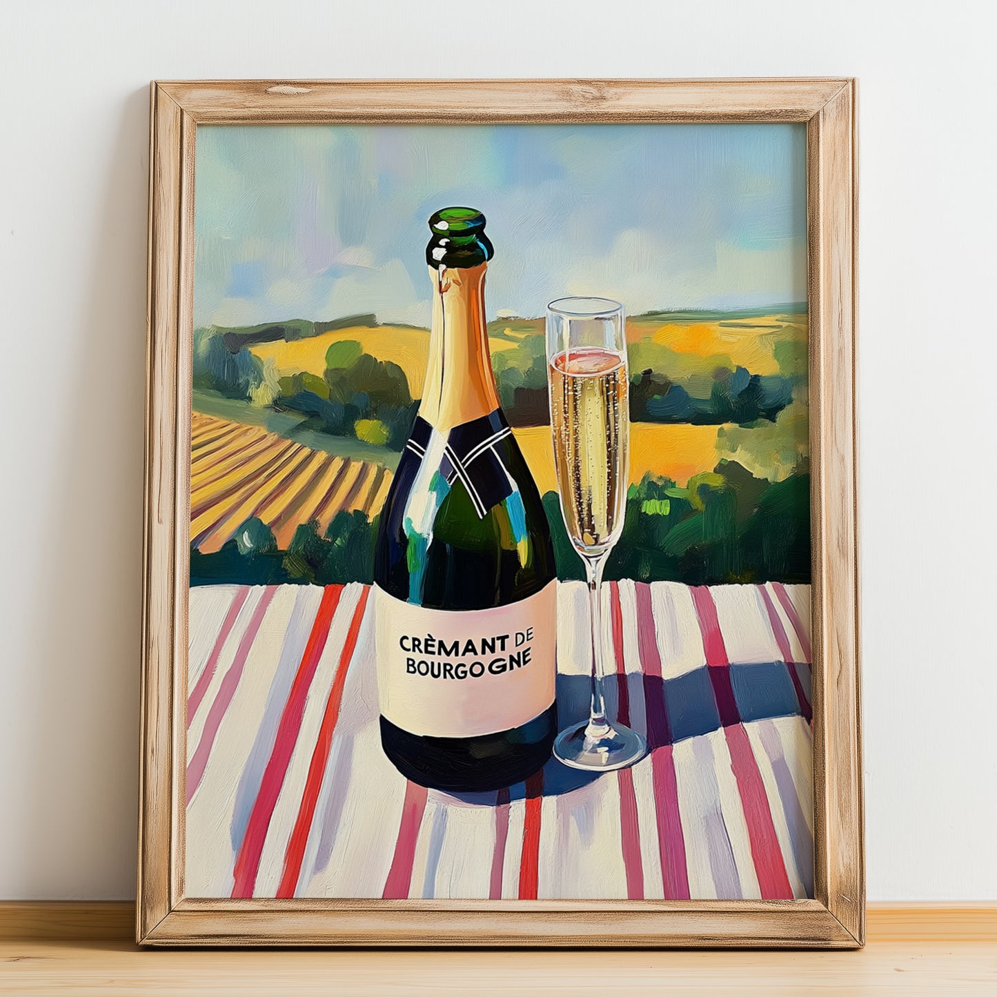 Crémant de Bourgogne – French Sparkling Wine, Vinoteca Poster, no-text version framed in wood