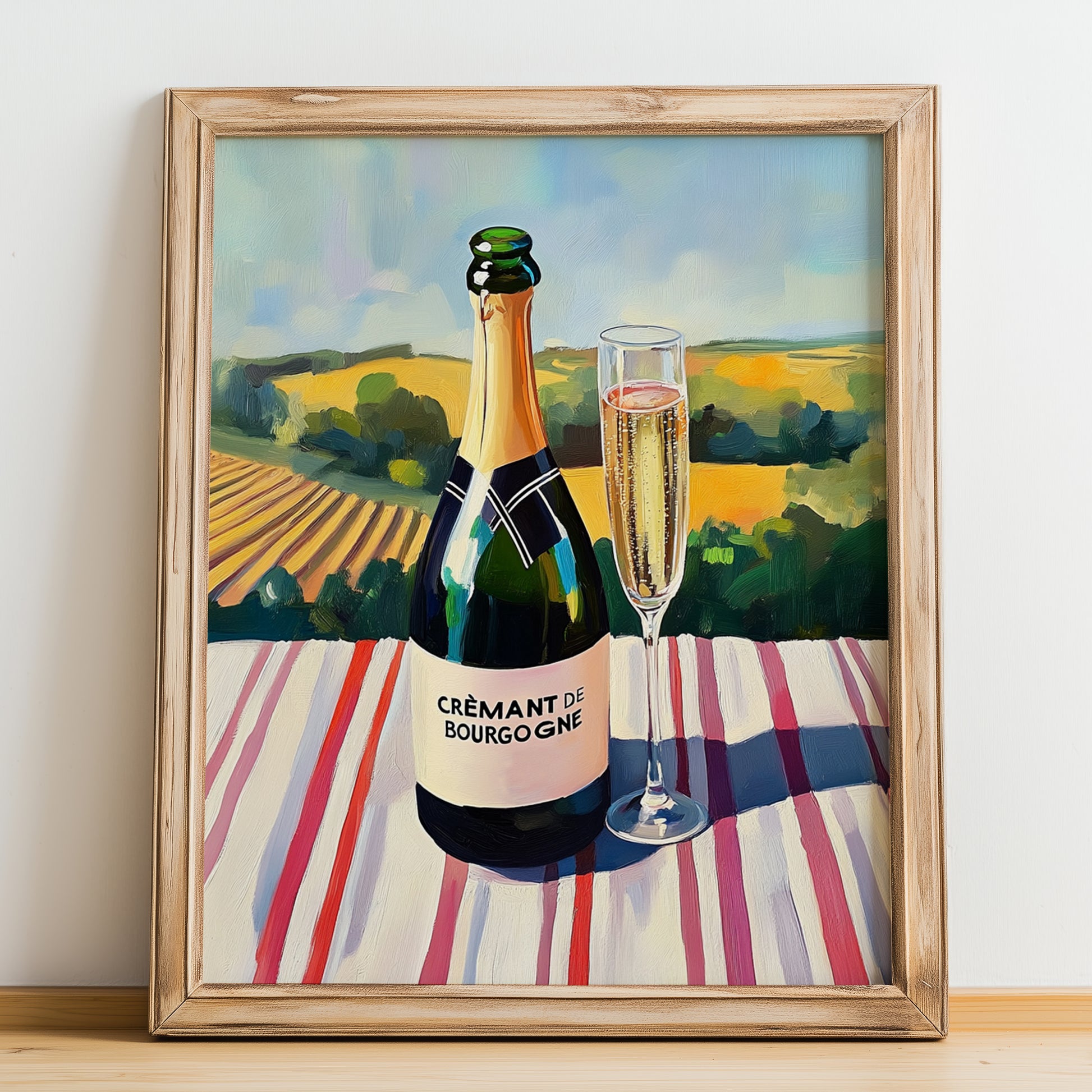 Crémant de Bourgogne – French Sparkling Wine, Vinoteca Poster, no-text version framed in wood